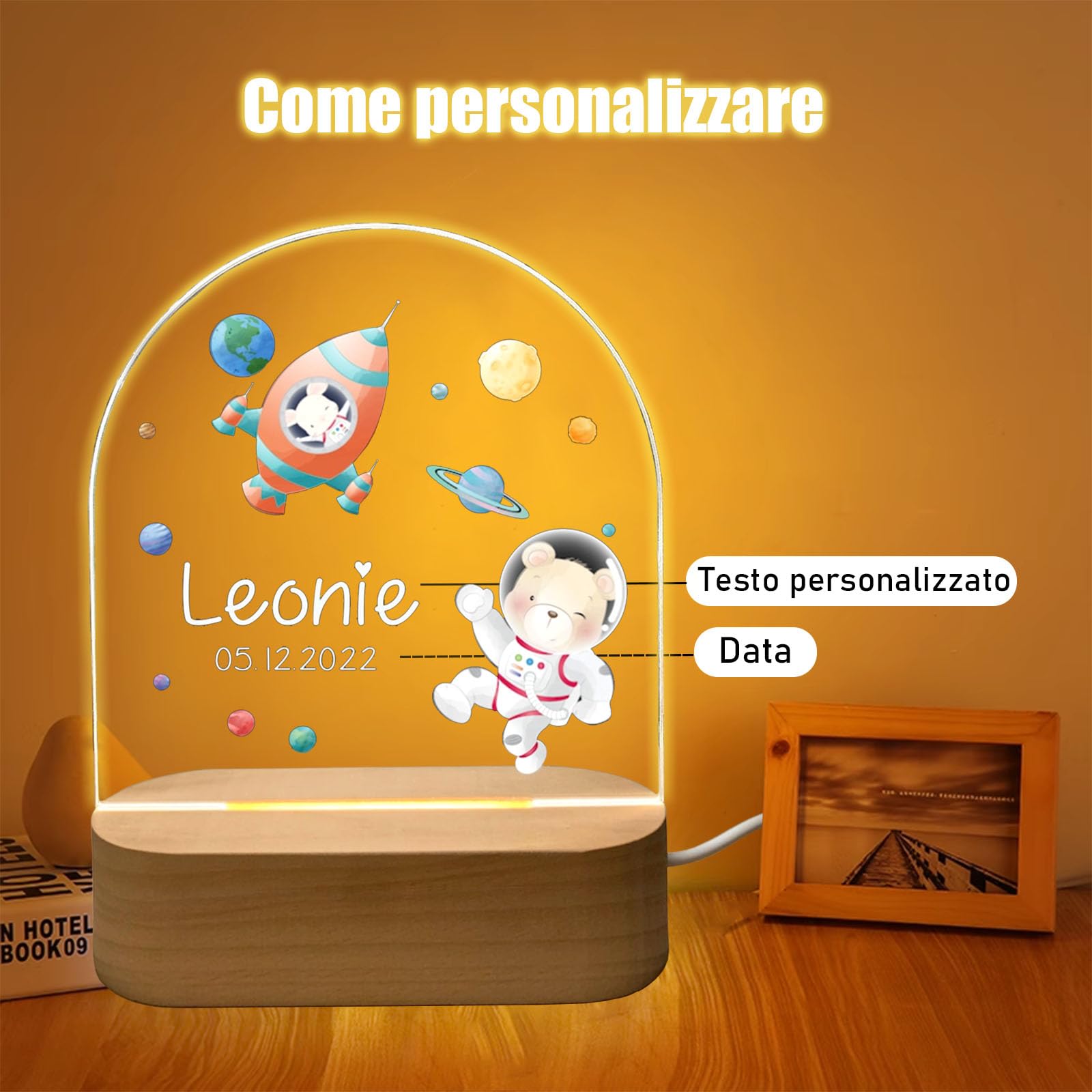 Lampada Personalizzata Con Nome SHOBI Sogniamo - LED A Batteria In Legno Naturale, Forma A Stella/Nuvola/Mongolfiera, Regalo Nascita E Battesimo Made In Italy