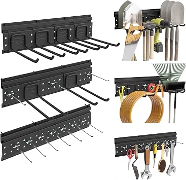 Garage Tool Storage Organizer Wall Mount, 48inch Metal Tool Rack Kit | 3 Heavy Duty Storage Tracks with 6 Slatwall Hooks and 10 Pegboard Hooks for Garden Shovel Broom Rake Home, Max Load 600lb