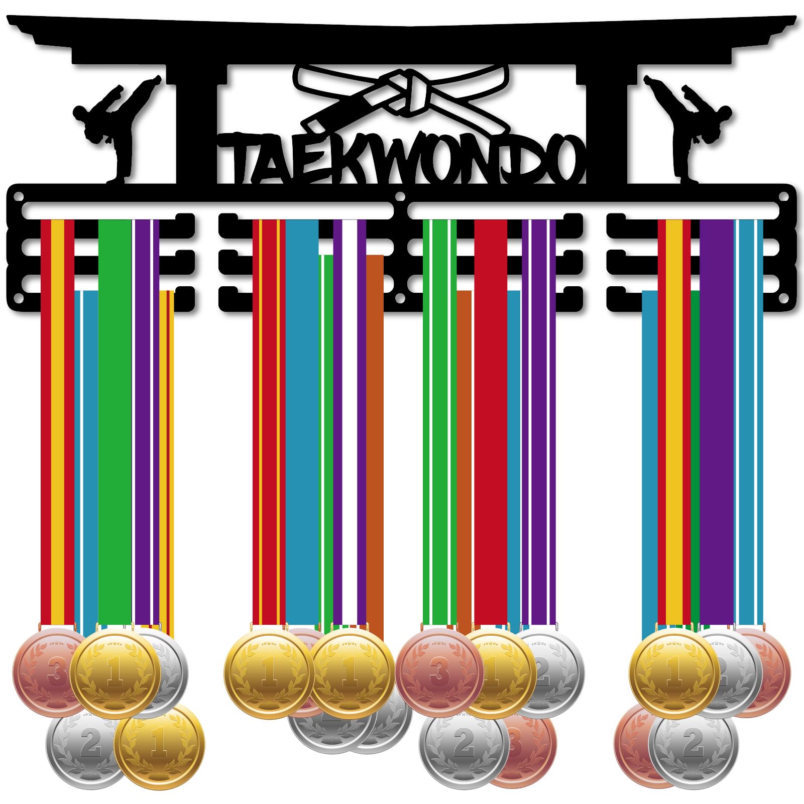 CREATCABIN Taekwondo Medal Holder Medal Hanger Medal Hanging Decor Medal Rack Display Wall Mounted 3 Lines Design Room Home Decoration Gift for Taekwondo Player Race Winner Black 29x13cm
