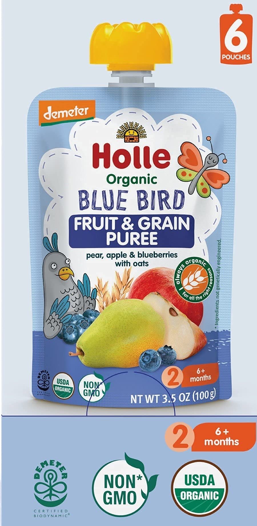 Holle Organic Baby Food Pouches - Blue Bird Baby Puree with Pear, Apple, Blueberry & Oat - (6 Pack) Organic Baby Snacks + Fruit and Veggie Pouches for Weaning Babies 6 Months and Older