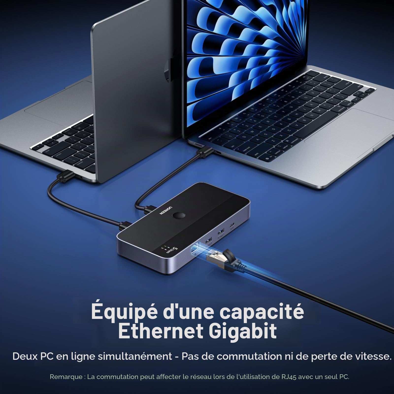 UGREEN Switch USB 3.0 Commutateur USB 2 Entrées 4 Sorties avec Port Gigabit Ethernet RJ45 Commutateur PC avec Télécommande Pour Souris Clavier Compatible avec Windows Mac Linux