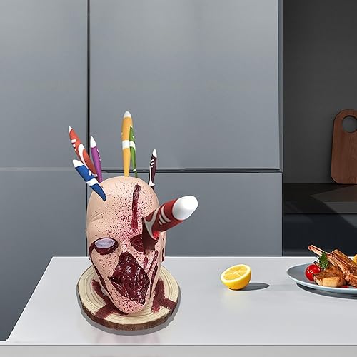 Miniatura 7 de Almacenamiento de cocina de calavera de Halloween, soporte de cocina con forma de cabeza de terror, estante para cuchillos de cocina, soporte para