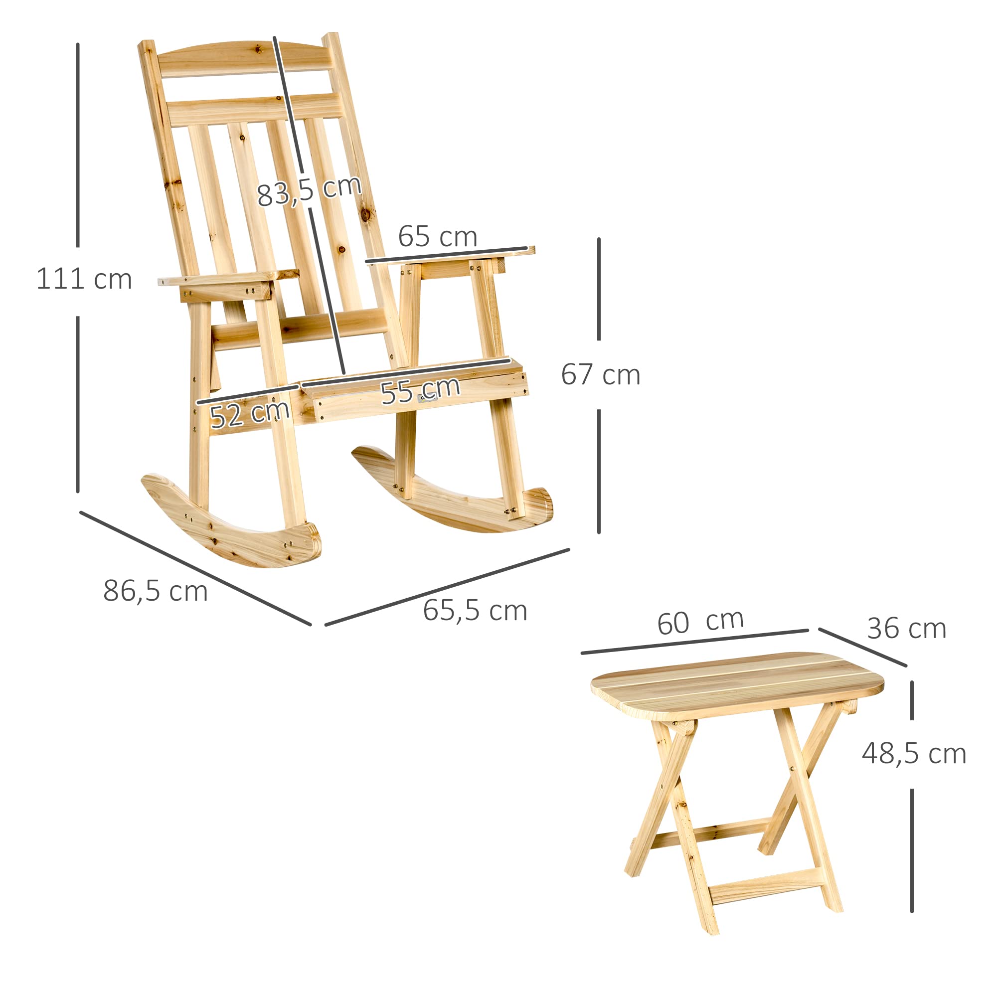 Outsunny - Conjunto de jardín (2 piezas, estilo acogedor), diseño de silla mecedora + mesa auxiliar plegable, madera de abeto, macizo,