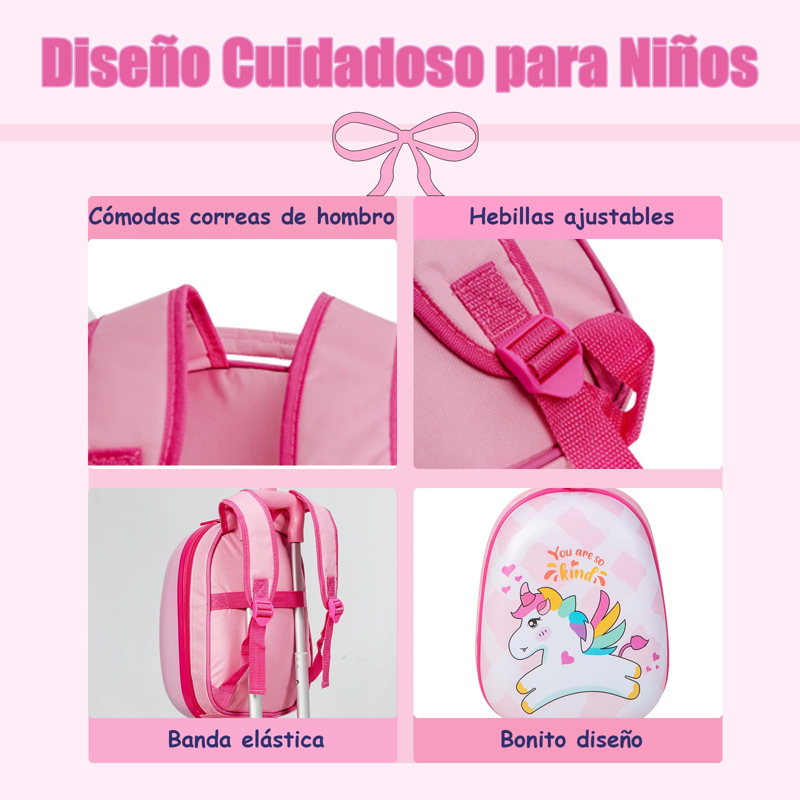 SOARS Set di Valigia 16’’ + Zaino 12’’ per Bambini 2 Pezzi, Bagagli 2-in-1 con Zainetto da Viaggio Aereo, Trolley con Maniglia Telescopica e 4 Ruote a 360° (Rosa Unicorno-A)