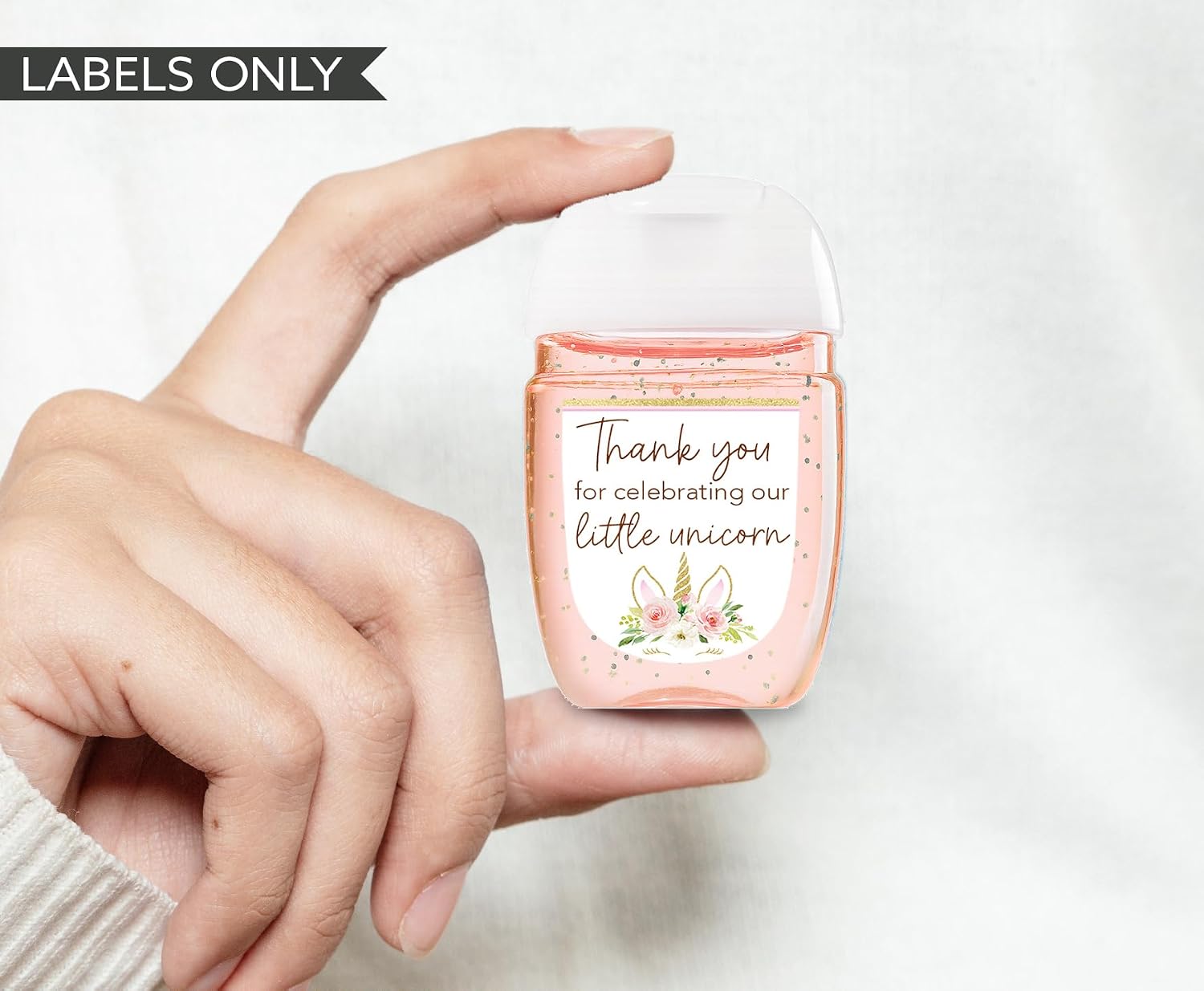 30 Pack 1 oz Mini Hand Sanitizer Labels for Girl Baby Shower – Thank You for Celebrating Our Little Unicorn Favor Stickers High Gloss Pink Gold Floral Unicorn Birthday Party Favors for Gifts S640-1
