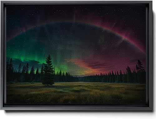 Aurora Borealis, Northern Lights Art, framed canvas print, snow capped mountain landscape art, synthwave vaporwave, Living Room Decor, Arts