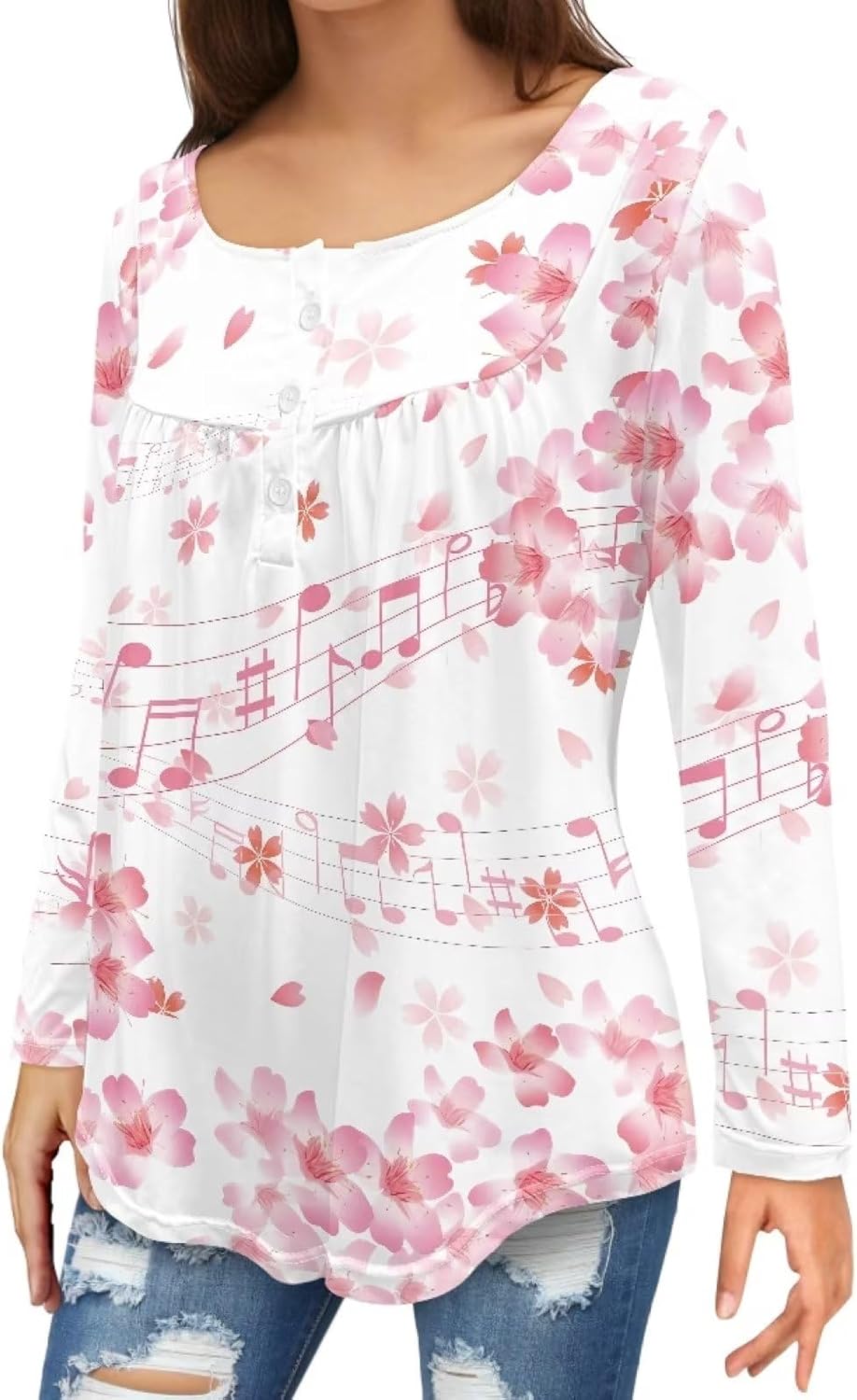Sunflowers Tunic Tops for Women Butterfly V Neck Long Sleeve Shirts Yellow Flowers Button Up Pleated Blouse