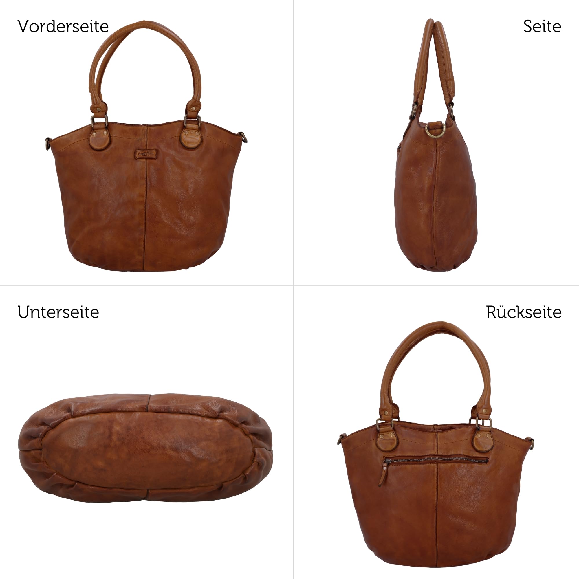 Gusti Leder Handtasche Damen Umhängetasche Mittelgroß – Hochwertiges Rindsleder Shopper Cognac Braun – Geräumige Ledertasche für Alltag und Büro