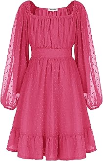 GRACE KARIN Girls Ruffle Tiered Dress Long Sleeve Swiss Dot Flowy A-Line Dress 6-12Y