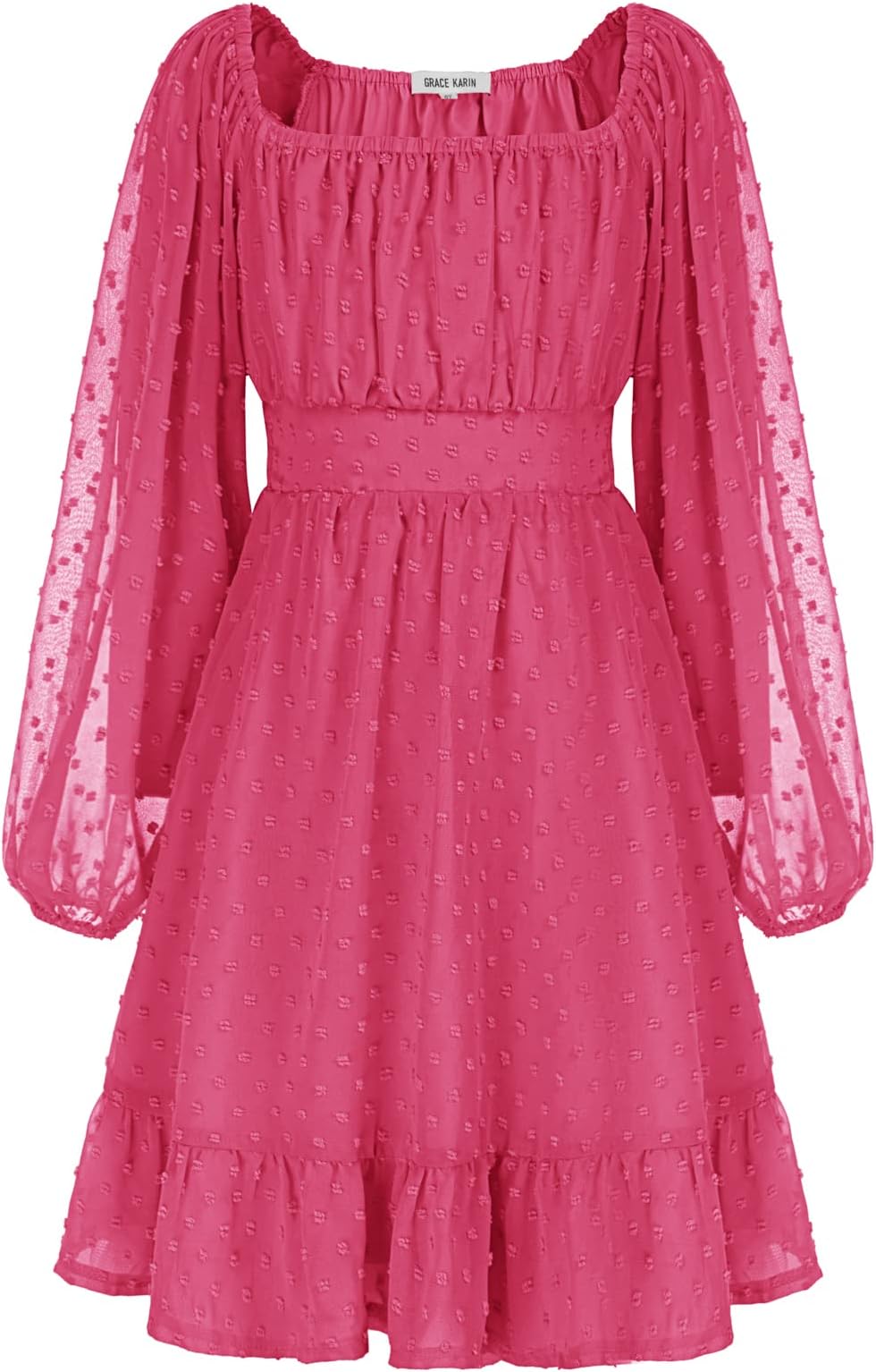GRACE KARIN Girls Ruffle Tiered Dress Long Sleeve Swiss Dot Flowy A-Line Dress 6-14Y