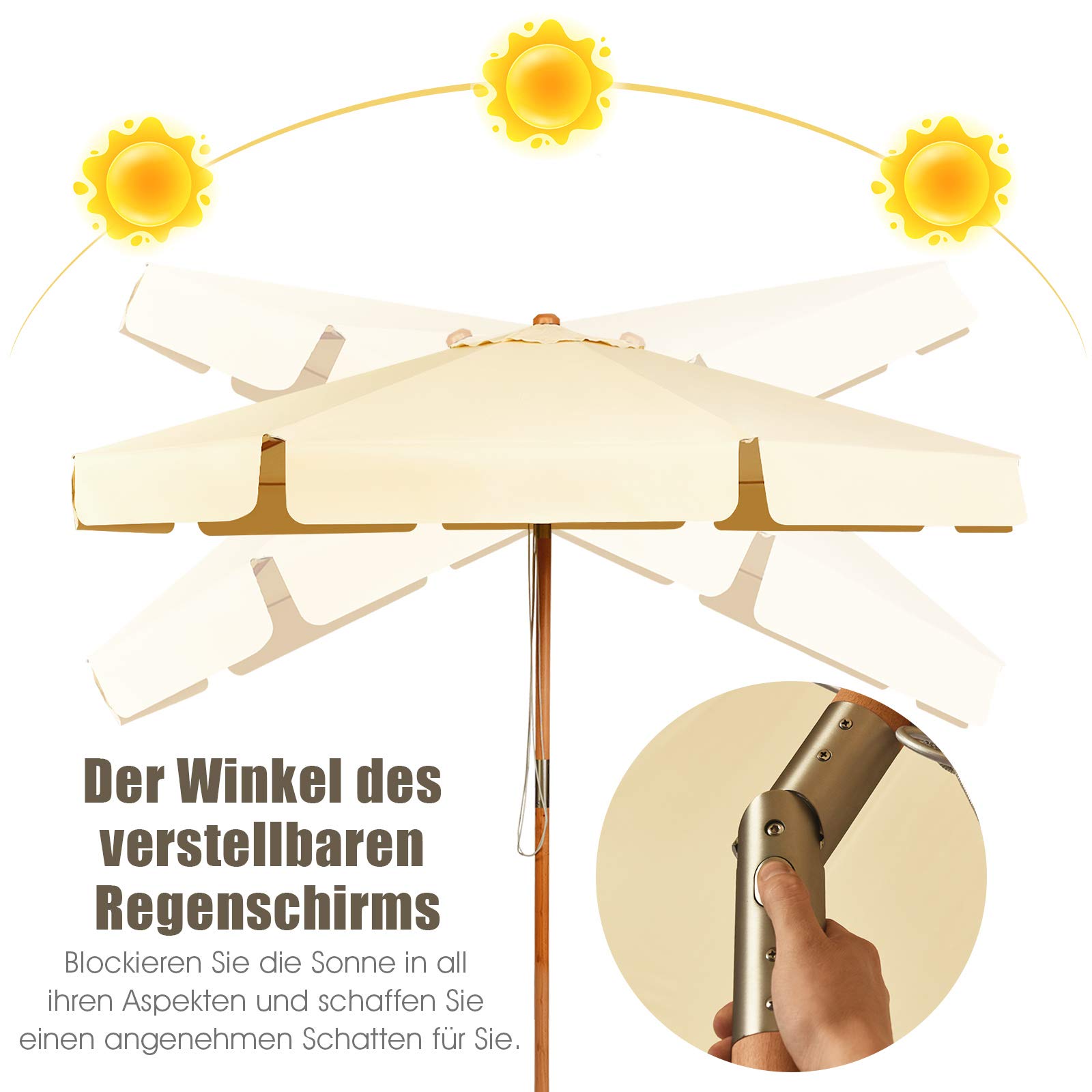 GOPLUS Sonnenschirm Holz 300cm, Gartenschirm beideseitig um 30° knickbar, UV 50+, Terrassenschirm, Marktschirm, Balkonschirm, Strandschirm mit 8 Rippen, Tischschirm für Garten Balkon Hof