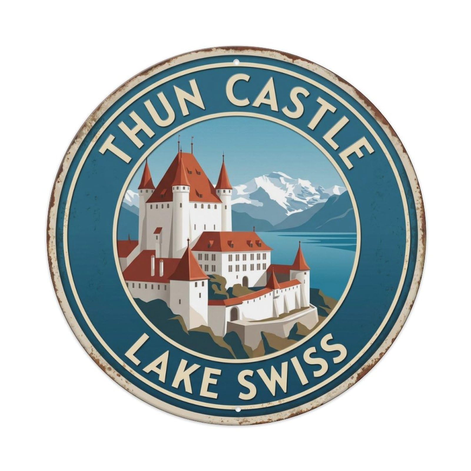 Thun Castle Lake Switzerland Fortress Metal Tin Sign Plaque Wall Decor for Cafe, Club Bar, Office, Home Garden Round Metal Poster 8x8Inch