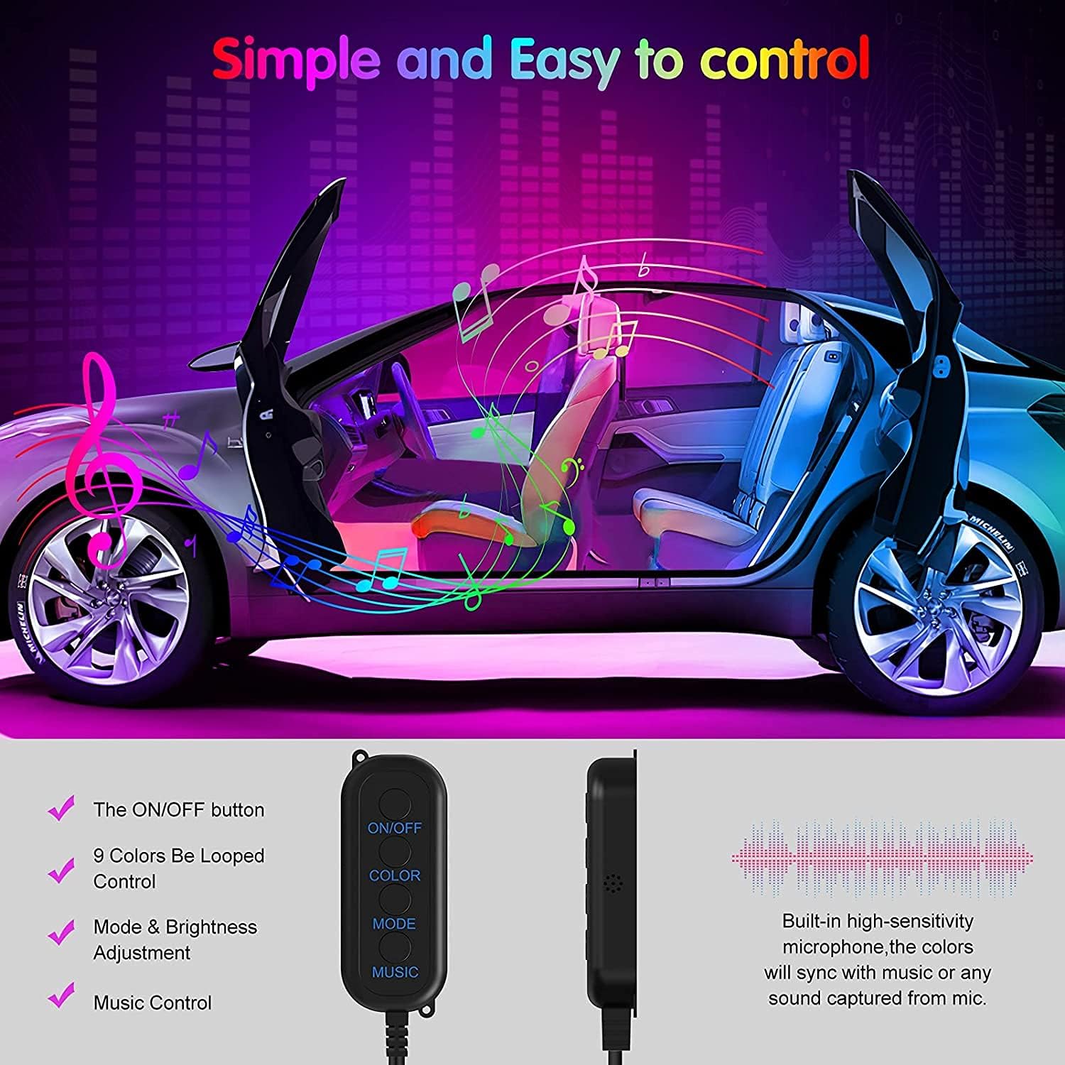 Interior Car Lights Keepsmile Car Accessories Car Led Lights APP Control with Remote Music Sync Color Change RGB Under Dash Car Lighting with Car Charger 12V 2A LED Lights for Car (RGB) : Automotive