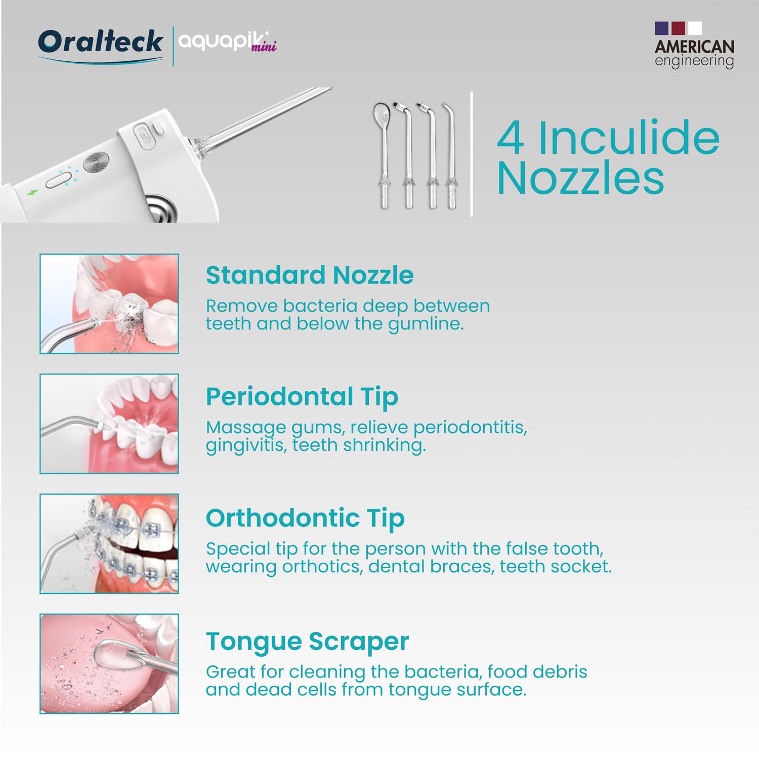 Aquapik® DUO irygator do jamy ustnej Aquapik® 100 Desktop + Aquapik® Mini, przenośny, zalecany przez dentystów + środek do usuwania płytki nazębnej + pielęgnuje implanty i ortodoncję, głęboka higiena
