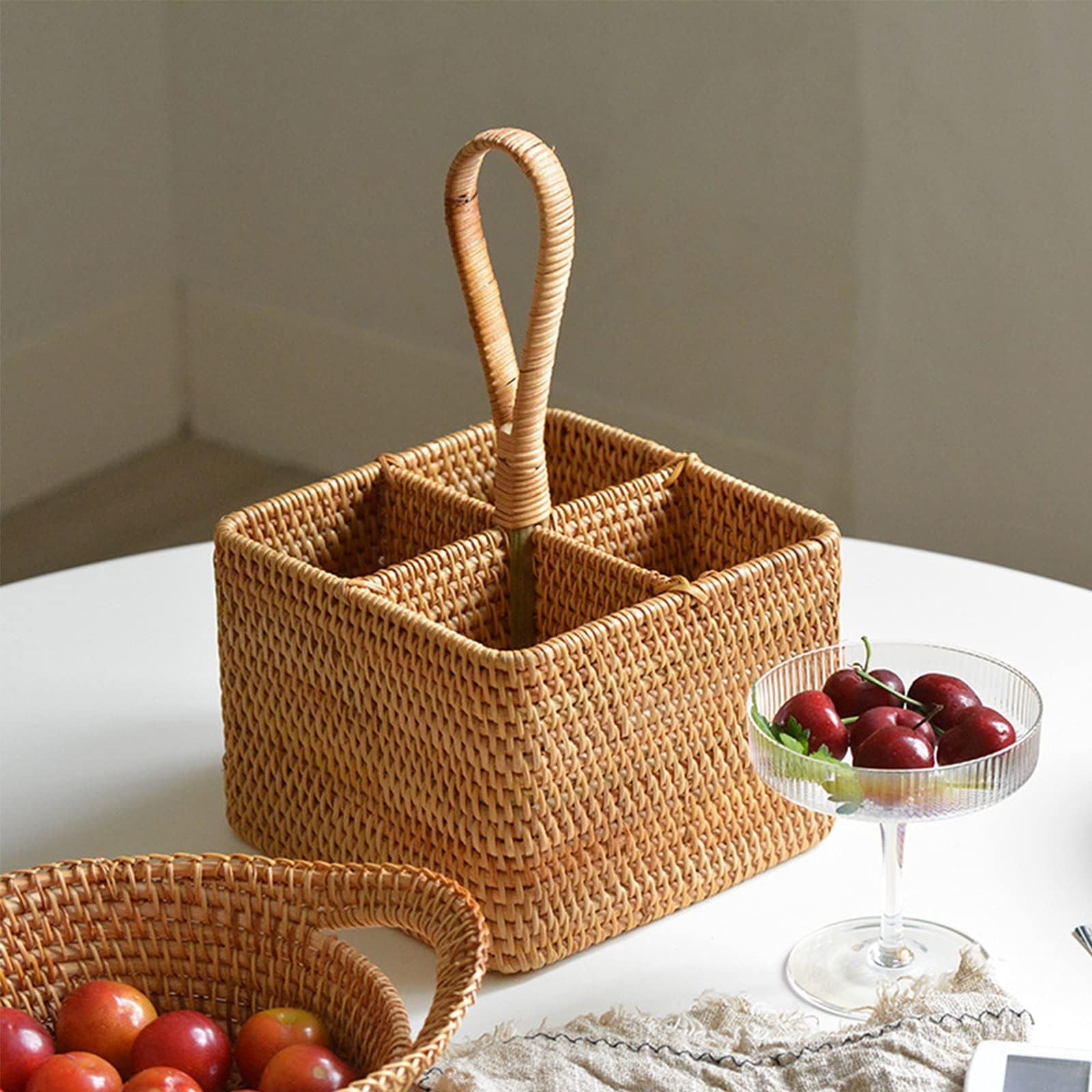 YLME Cesta de Mimbre, Caja de Almacenamiento, Cesta para Cubiertos de Cocina, Estante para Almacenamiento de Vino,A