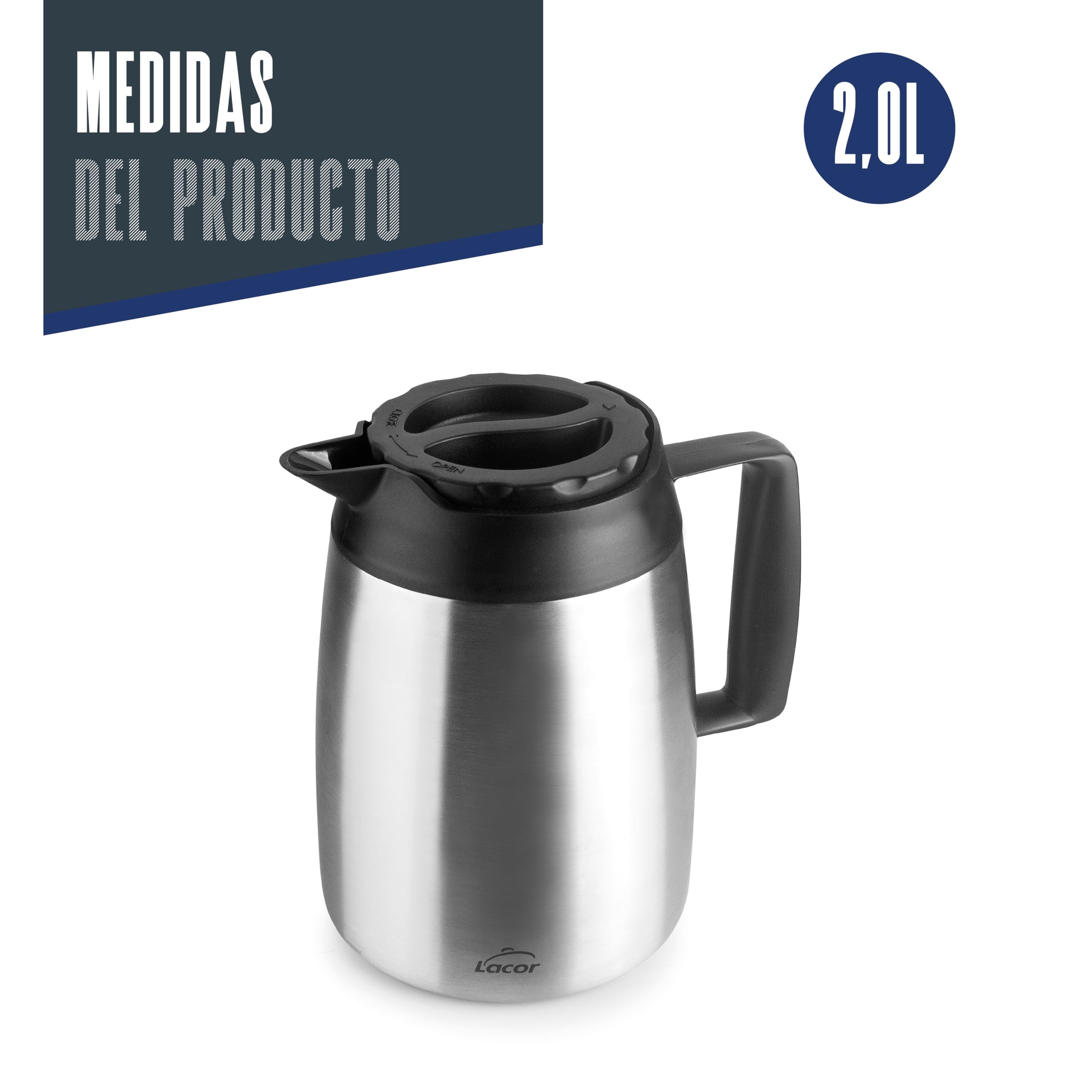Lacor 62712 - Servidor Termo Wide, 2 L, Acero Inoxidable Doble Pared