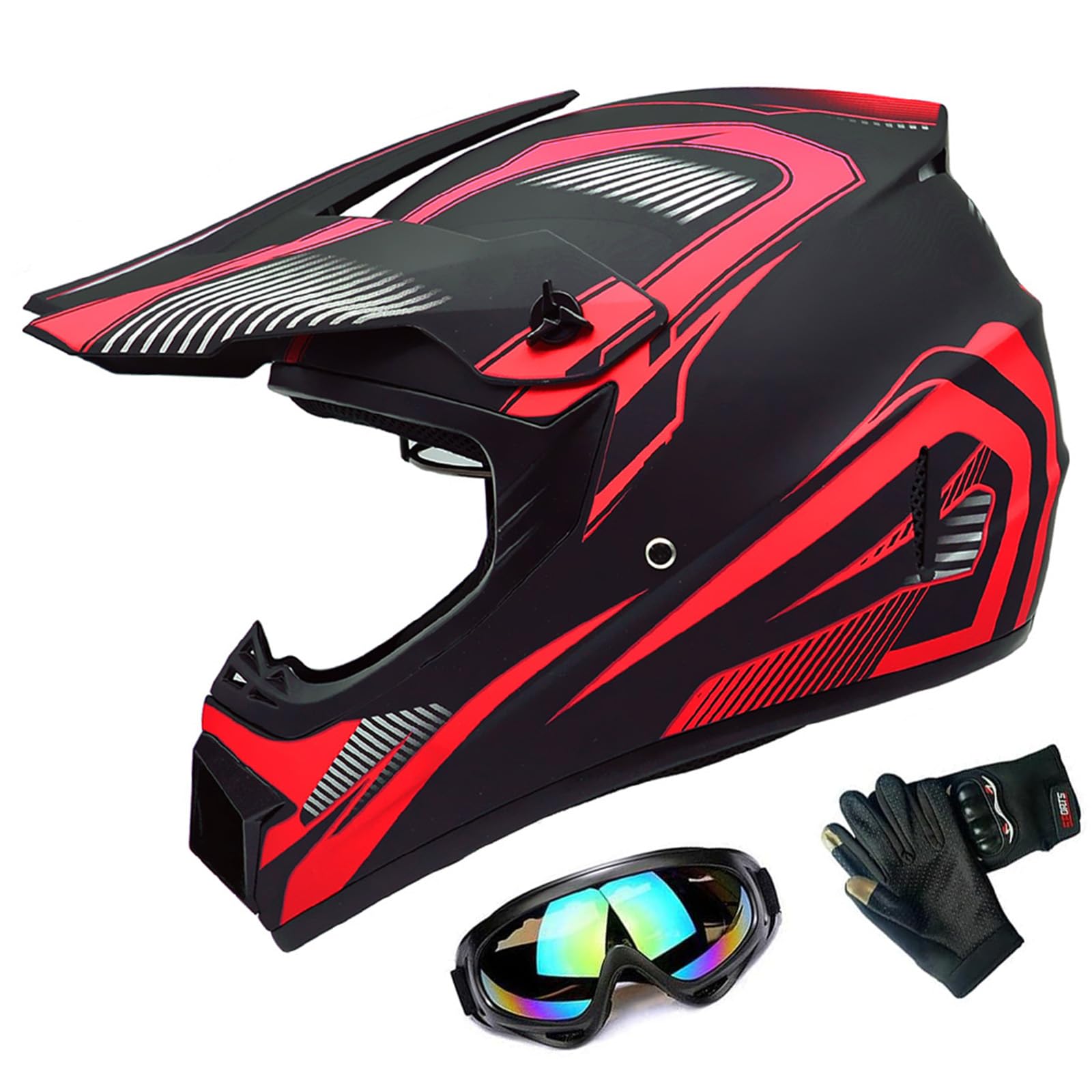DOT Adult ATV MX Helmets, Four-Wheel Off-Road Motochross Helmets, Dirt Bike Helmets, Motorcycle&Powersports Helmets with Goggles Gloves (Large, Red)