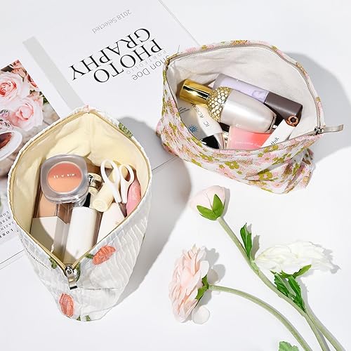 Miniatura 4 de Bolsa de maquillaje grande de 2 piezas, bolsa de cosméticos floral, color rosa y blanco, de lona, bolsa de aseo de viaje, organizador de brochas de