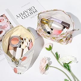 SOIDRAM 2 Pieces Flower Makeup Bag Large Floral Cosmetic Bag Capacity Canvas Travel Toiletry Bag Organizer Cute Makeup Brushes Aesthetic Accessories Storage Bag for Women, Embossed flower L White Pink