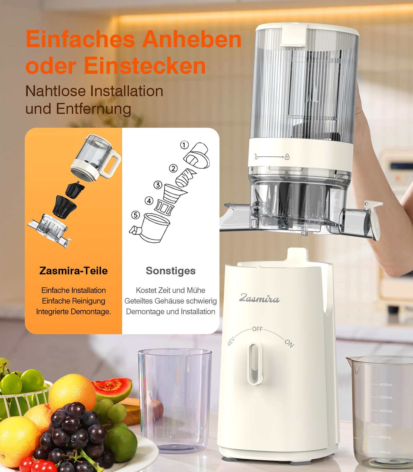 Zasmira Slow Juicer 120MM-Einfüllschacht 99,6% Saftreinheit 1,5L REV-Modus