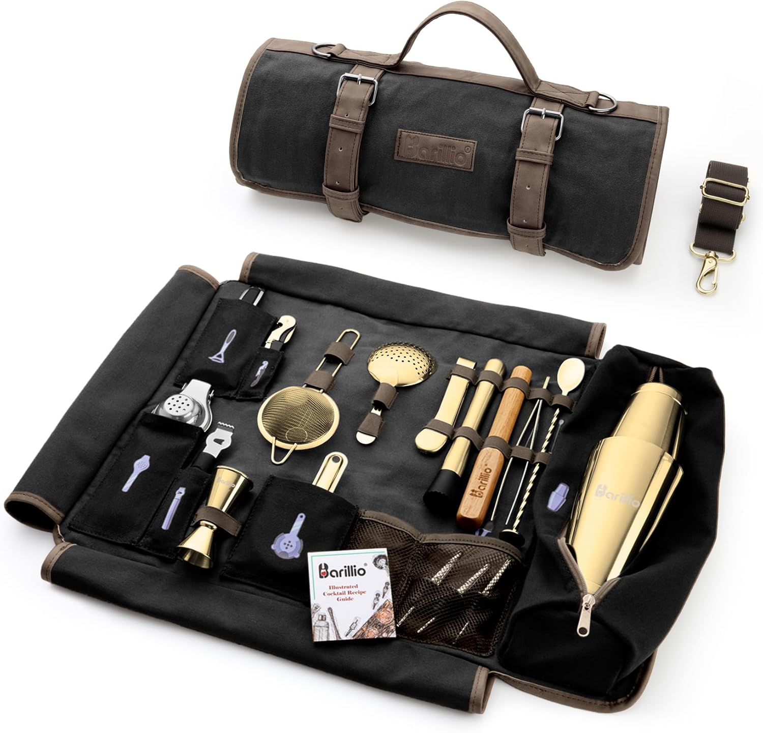 Barillio Bartender Kit Bag with Gold Cocktail Shaker Set - Waxed Canvas, Traveling Bar Tools Bag with 17-Pc Cocktail Kit - Travel Mixology Bartending Kits - Mobile Bar Roll with Strap & Accessories
