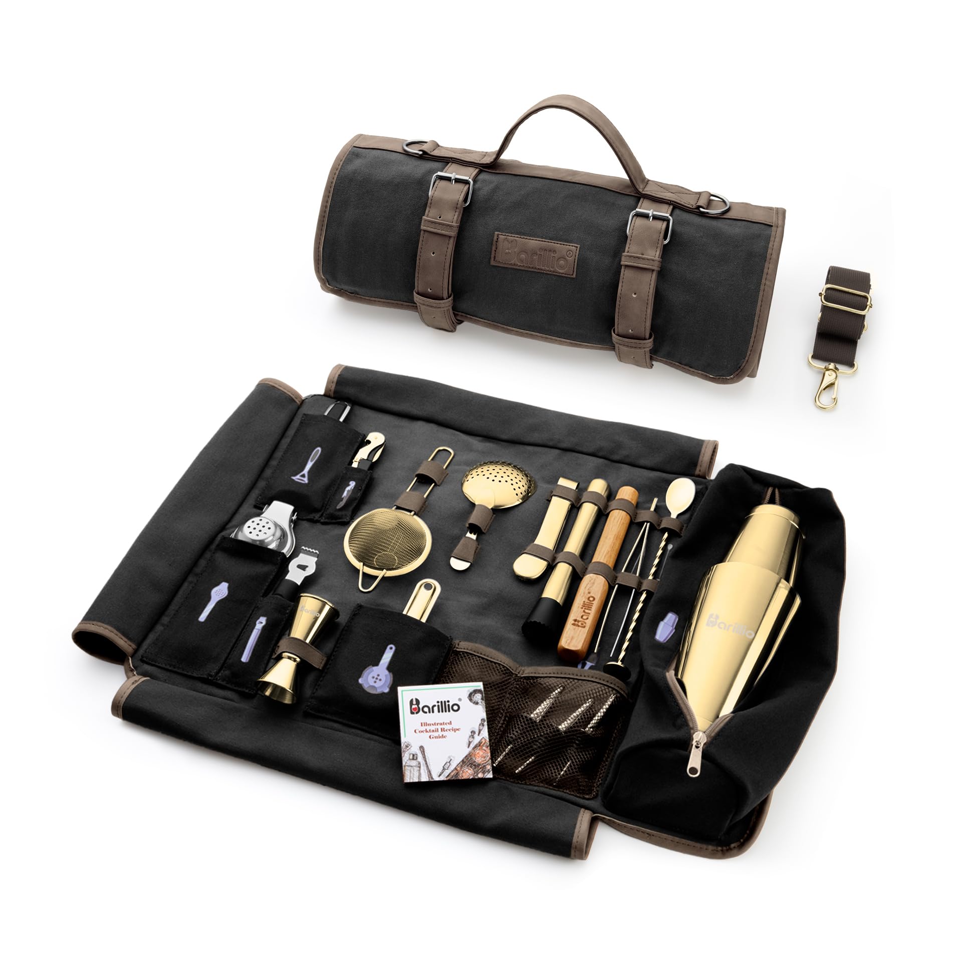 Barillio Bartender Kit Bag with Gold Cocktail Shaker Set - Waxed Canvas, Traveling Bar Tools Bag with 17-Pc Cocktail Kit - Travel Mixology Bartending Kits - Mobile Bar Roll with Strap & Accessories