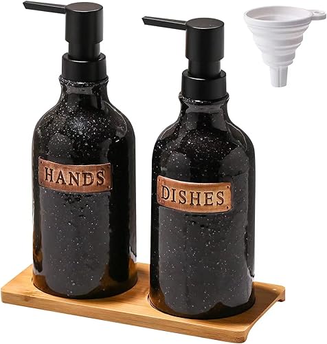 Dispensador de jabón de manos de cerámica para decoración de baño con bandeja, embudo, botellas de bomba de líquido, dispensador de platos