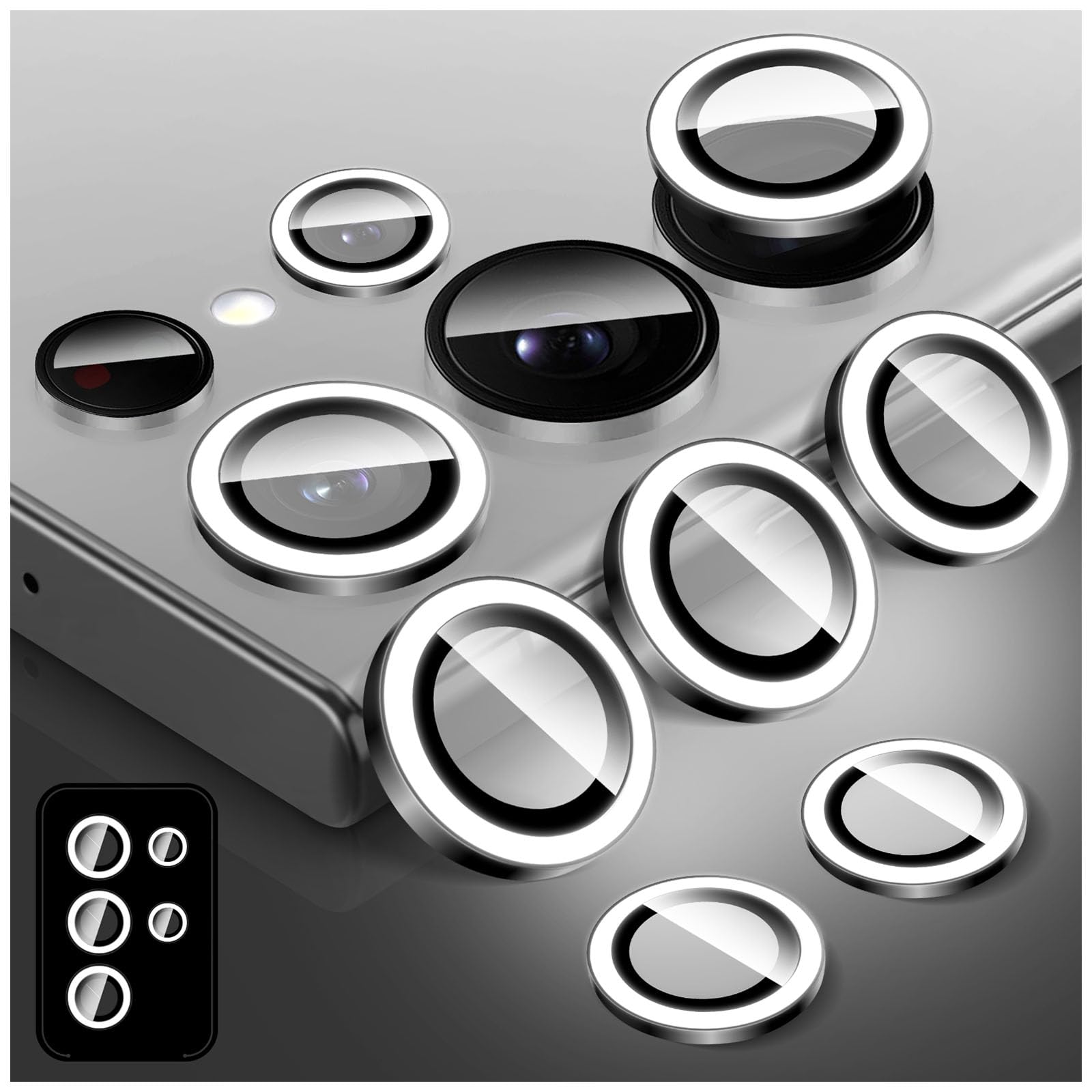 Kucheed Luminous Camera Lens Protector for Samsung Galaxy S22 Ultra, Colorful Noctilucent Tempered Glass Camera Cover Screen Protector, Automatic Alignment Aluminum Alloy Rings