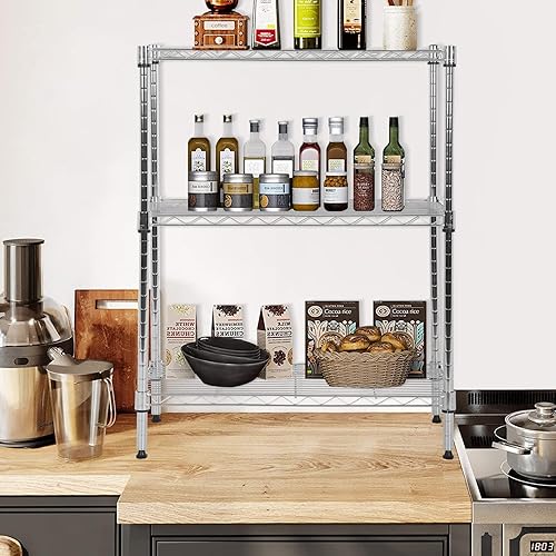 Miniatura 8 de Estantería de alambre ajustable de 3 niveles, estantes de metal con patas niveladoras, estante de almacenamiento para armario, cocina, baño, estante