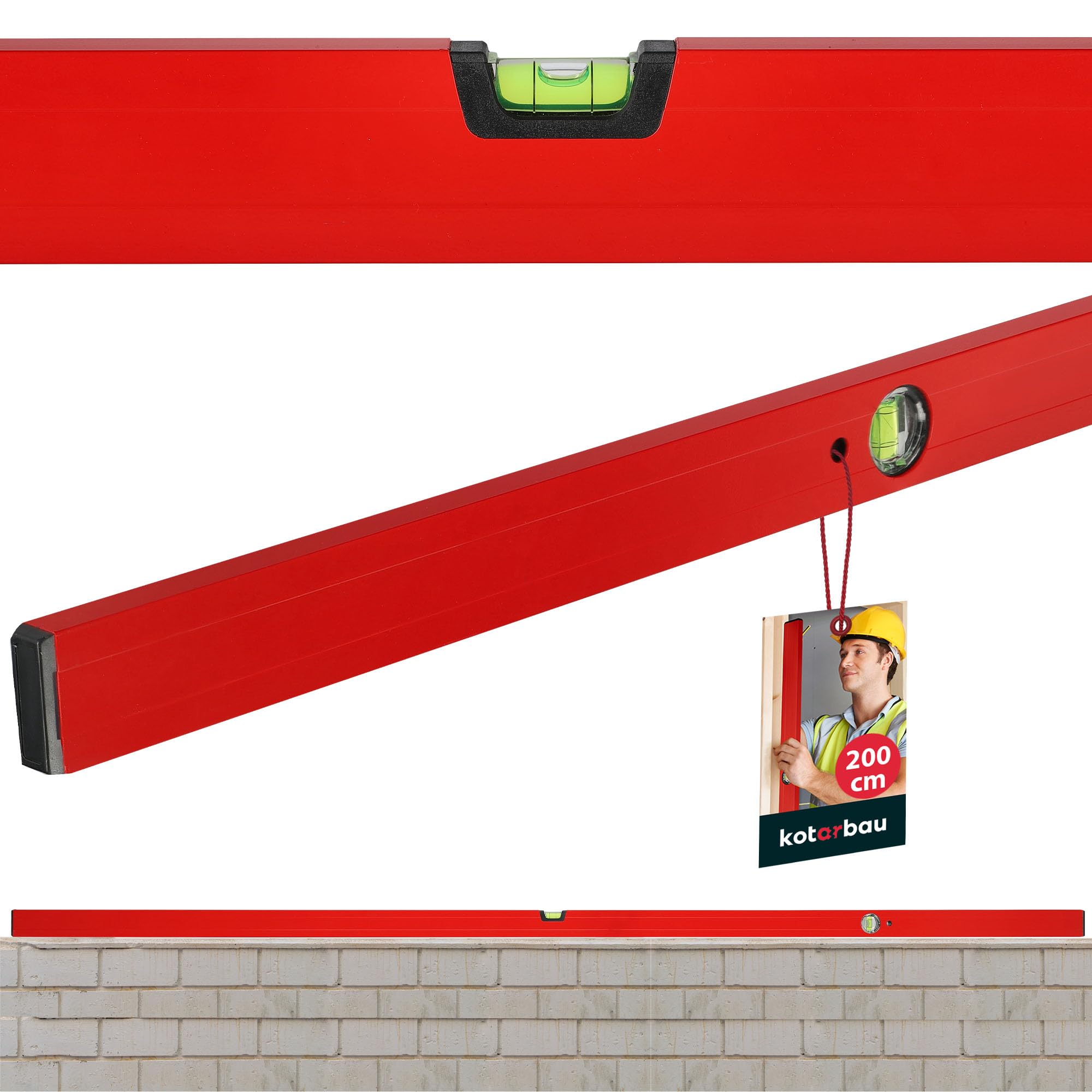 KOTARBAU® Nivel de Burbuja, 200 cm, Aluiminio, Color Rojo, 2 fiolas para mediciones en Horizontal y Vertical, Herramienta de Nivelación