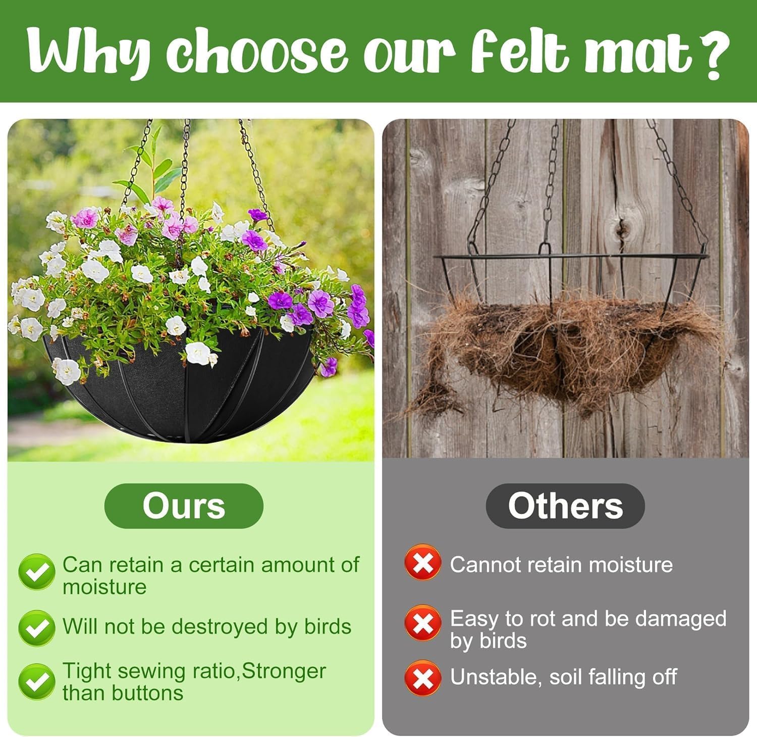 SUNNEE 6 Pcs Hanging Basket Liners 12 Inch,Felt Basket Liner,Garden Basket Liners,for Outdoor Hanging Flowers Vegetables,Avoid Birds Nesting (Black) - Image 3