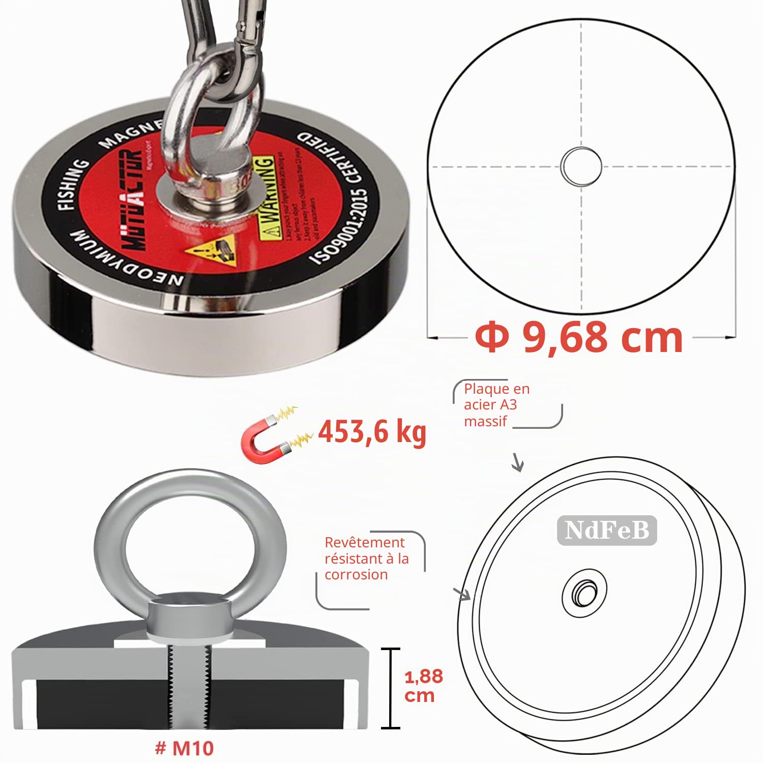 Mutuactor Aimant de pêche néodyme Pull-Force de 500kg, aimant puissant de rappel N52 avec corde durable 15m, gants et sac de transport, aimant de magnétique robuste pour la chasse au trésor