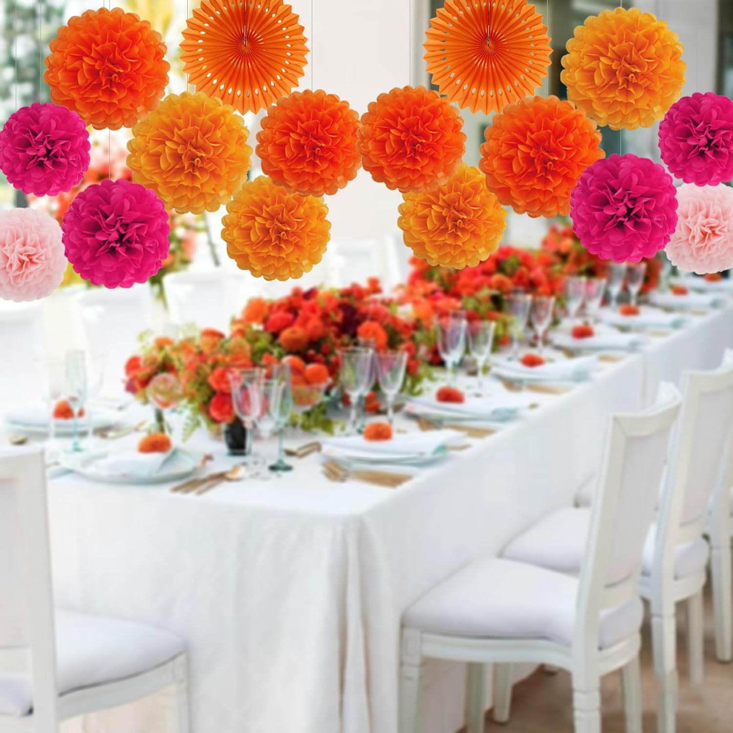Envibe Pink Orange Party Decorations, Tissue Paper Pom Poms Decorations for Wedding, Baby Shower, Bridal Shower, Graduation and Thanksgiving Party, 36 Pcs Orange Birthday Decorations.