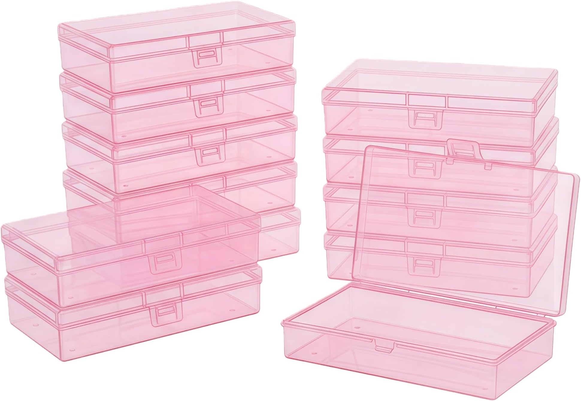 LJY 12 Pack Pink Plastic Storage Boxes with Lids 13.5 x 8 x 3 cm – Rectangular Medium Containers for Diamond Art Accessories, Beads, Crafts and Hardware, Stackable Organiser Box Set