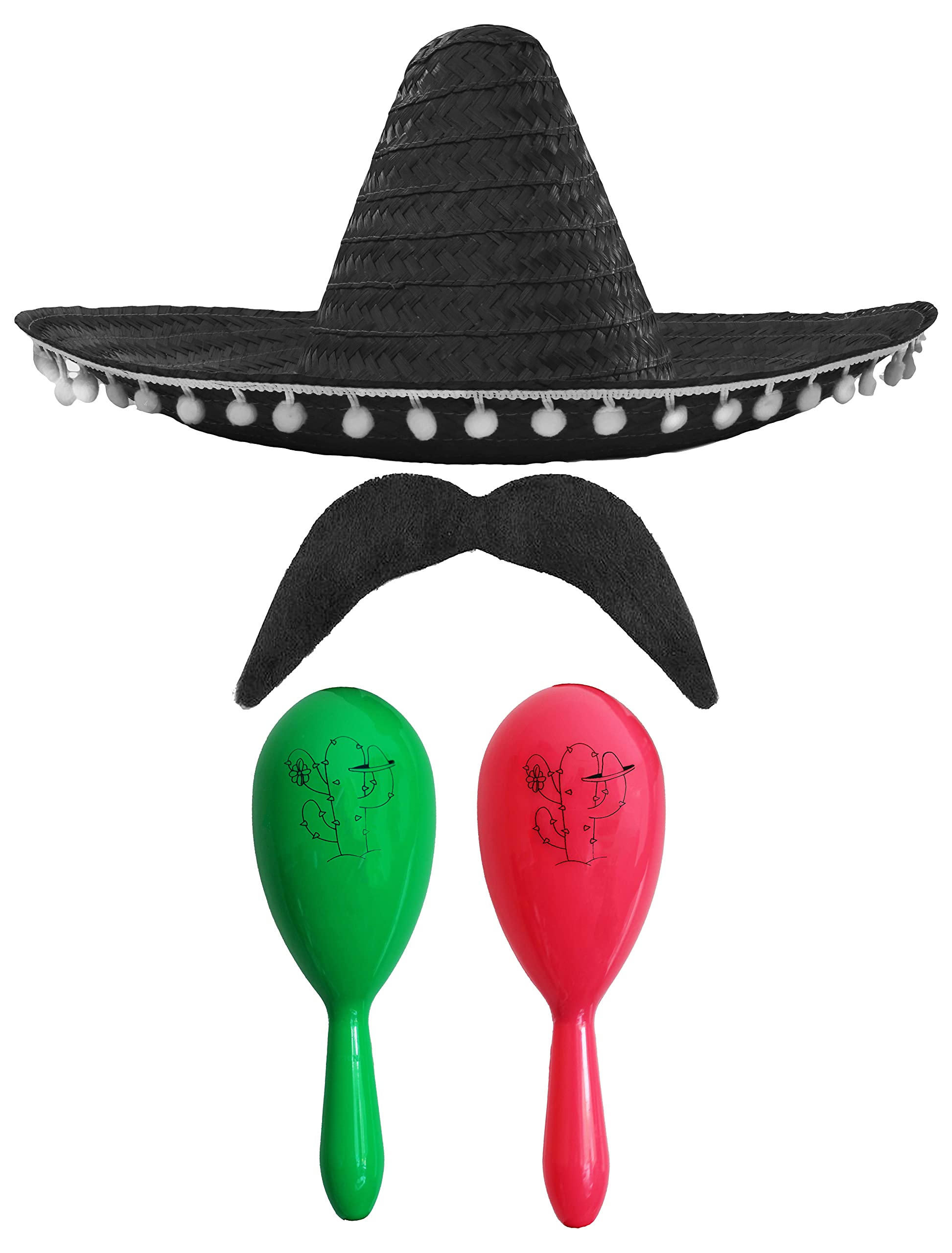 Adults Mexican Accessory Set - Black Mexican Sombrero, Green & Pink Maracas, Moustache - Mexican Cinco de Mayo Sensorita Bandit Mariachi Fancy Dress Costume Accessory Set