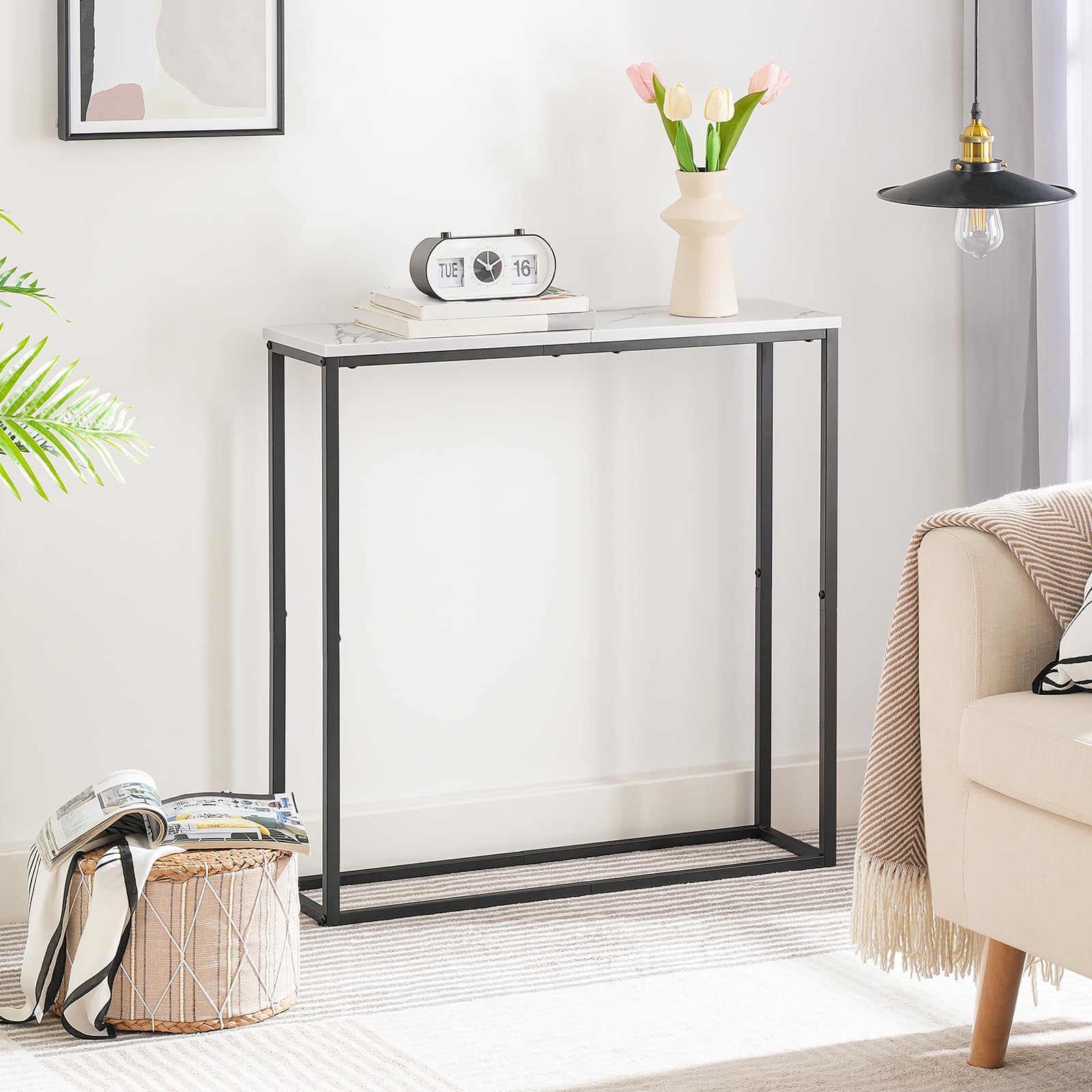 HOOBRO Console Meuble, Table Console Fine de 75 cm, Bout de Canapé, Table d’Entrée, pour Couloir, Salon, Chambre, Hall, Escalier, Blanc Marbré EBM76XG01