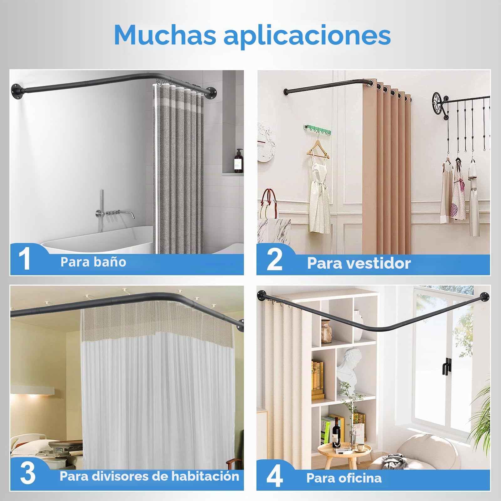 Barra de cortina de ducha en forma de L, barra de ducha de esquina ajustable (76-101 cm x 76-101 cm), Negro Mate Barra de Cortina Curvada Ajustable de 90 Grados Para Baño,Acero Inoxidable