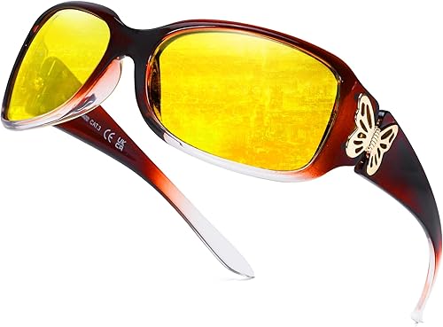 LVIOE Gafas polarizadas de visión nocturna para mujer, lentes tintados amarillos con decoración de mariposa para conducción nocturna