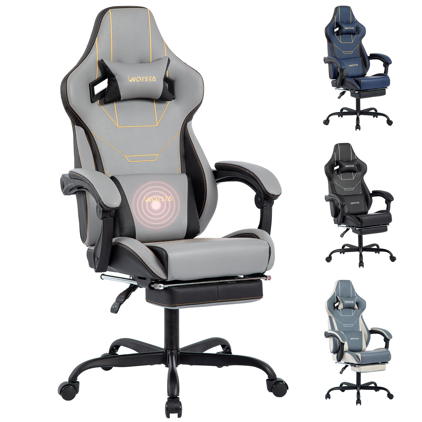 WOTSTA Gaming Stuhl Ergonomisch Gaming Chair Bürostuhl mit Fußstütze Racing Computerstuhl Höhenverstellbar Gepolstert Computerstuhl Lendenwirbelstütze
