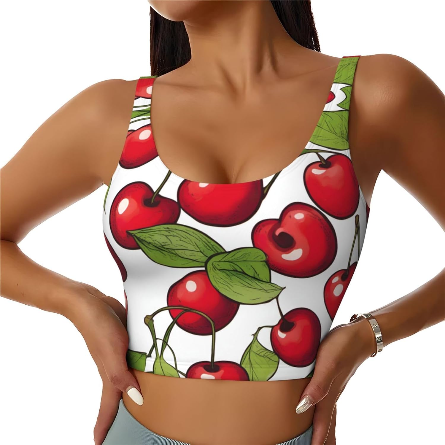 Lovely Sweet Red Cherry Print Sports Bra for Women,Padded,Racerback,Perfect for Yoga,Workout and Running