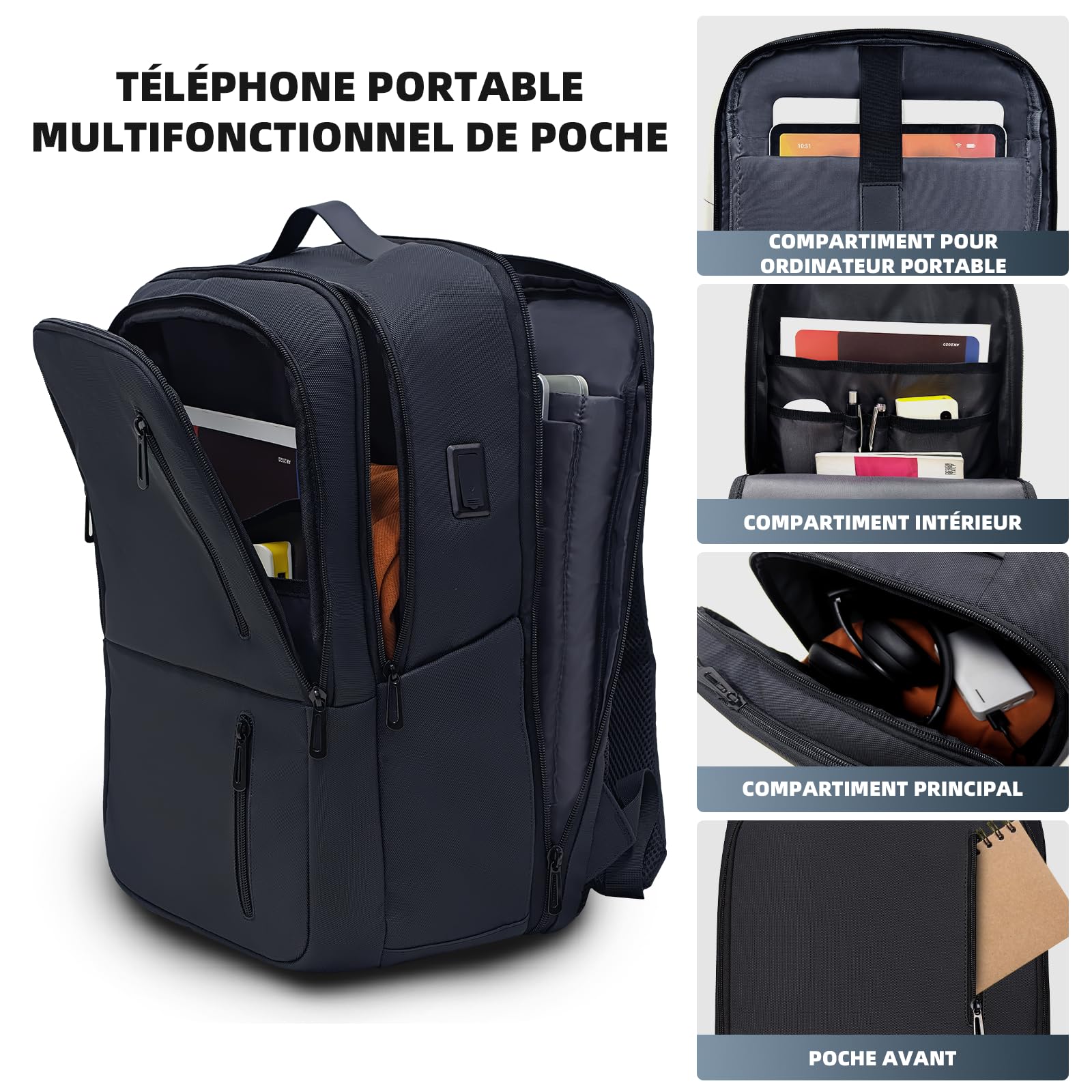 Sac à dos pour Ordinateur Portable 17,3 Pouces, sac à dos de Voyage Professionnel Imperméable avec port de Recharge USB, sac à dos Compact pour Homme et Femme, sac léger pour le Travail et les études