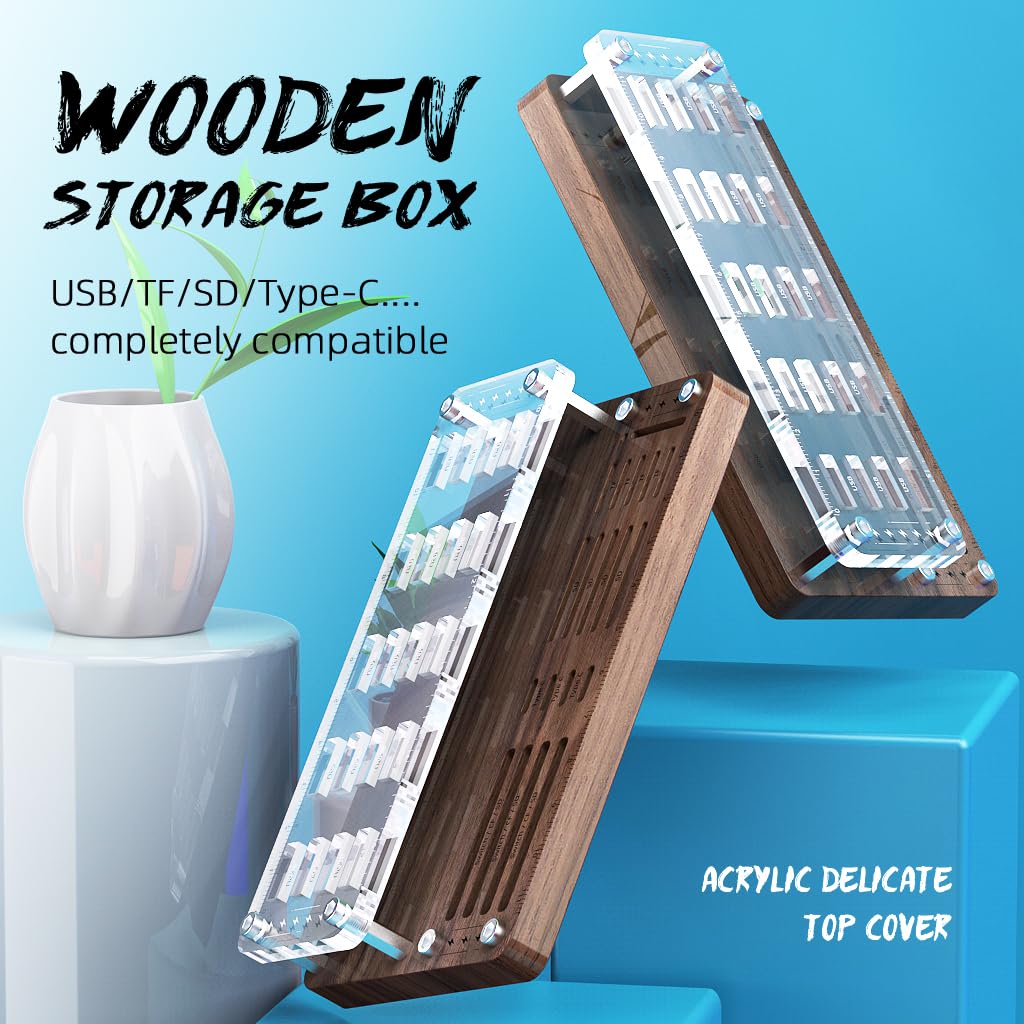 FEIFANZHE 40 Slots Wooden Memory Card Case for TF/CF/Nintendo Switch, USB Flash Drive/SD Card Holder Desk With Removal Pin - Protection Box-03MY