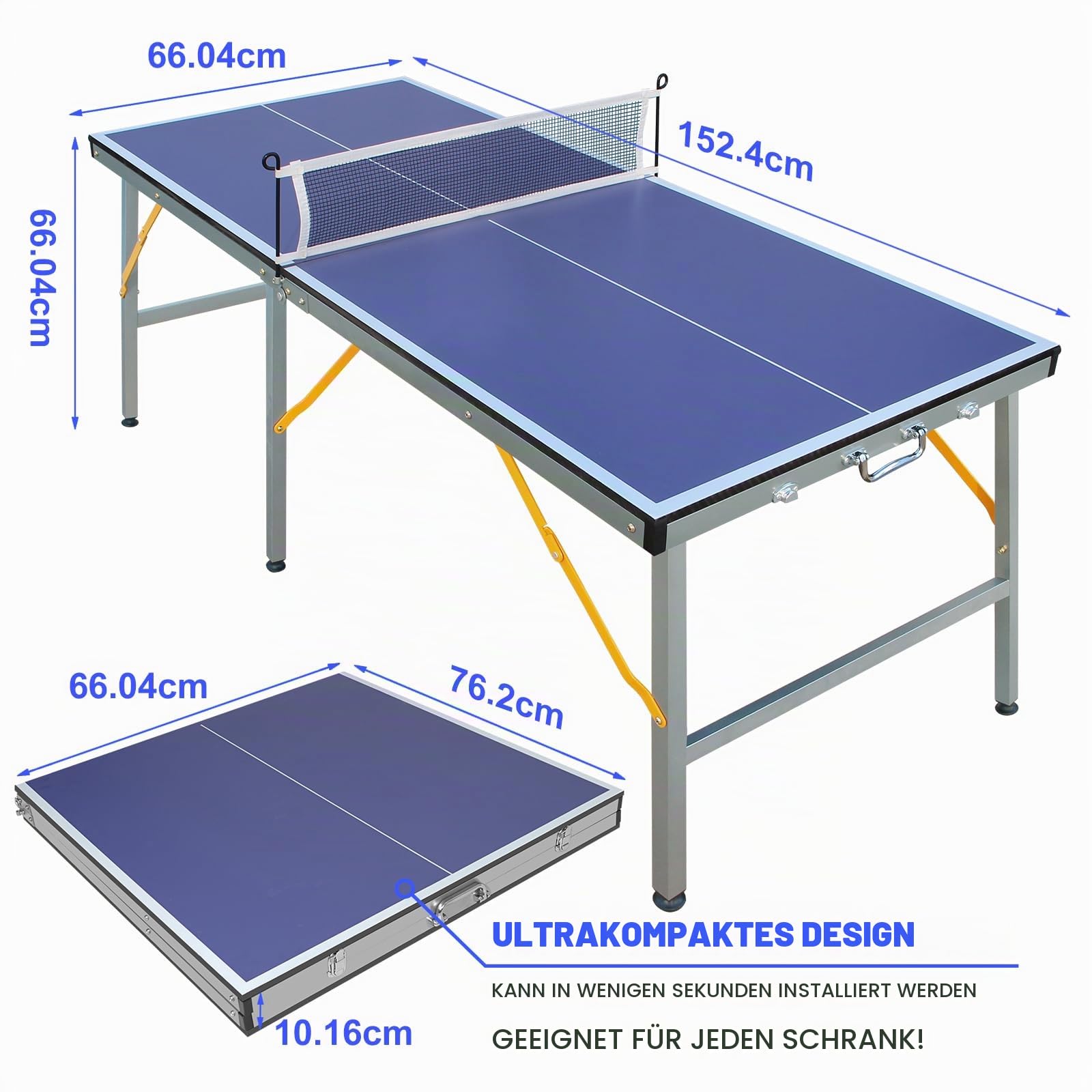 Tischtennisplatte faltbar, 152x66 cm, In- & Outdoor, mit Netz + 2 Schlägern | Kompakter Tischtennis, stabiler Rahmen, inkl. Netz & Schläger, ideal für Kinder & Zuhause