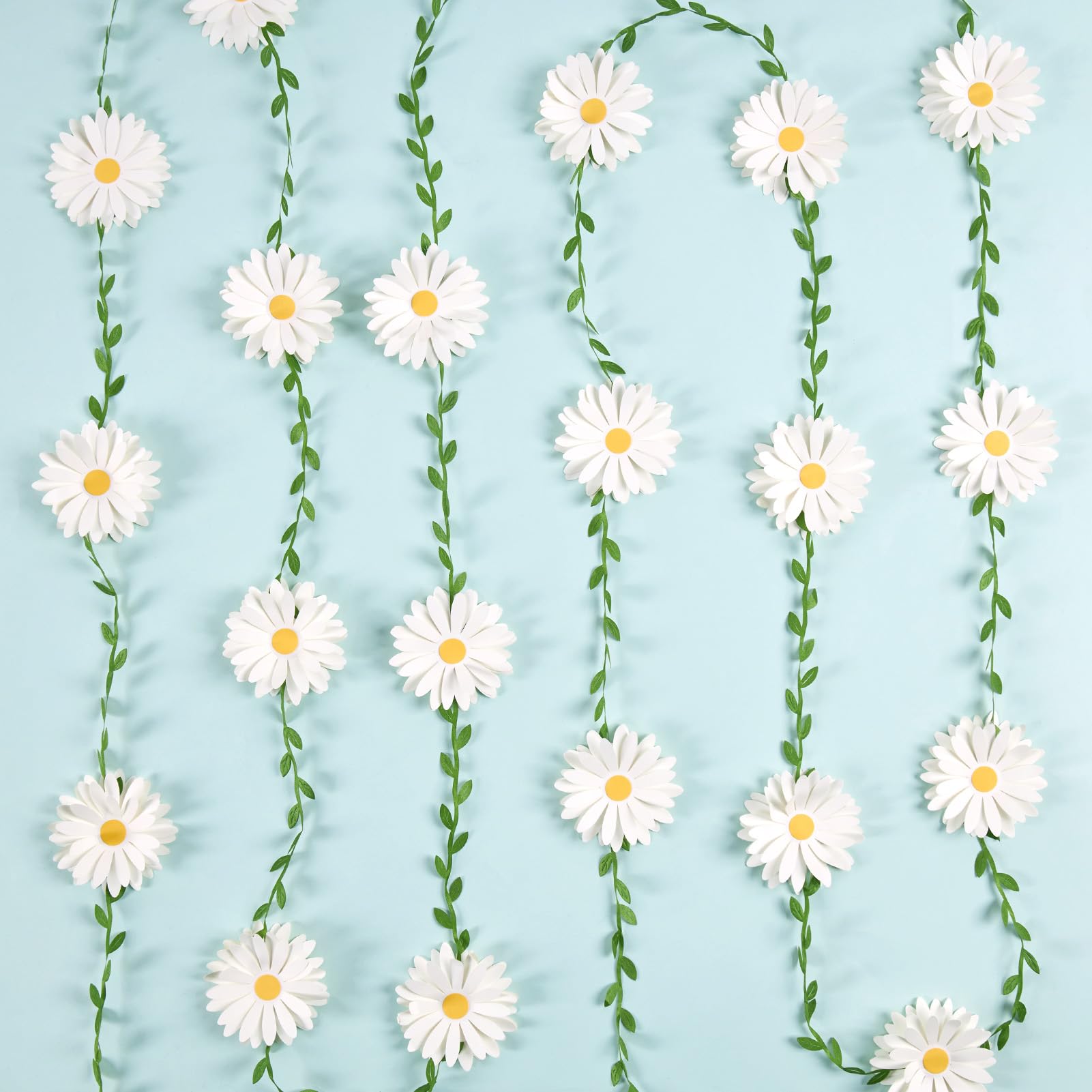 EASY JOY 2PCS Paper Daisy Garland 3D Daisy Flower Banner White Wildflower Daisy Banner with Leaves Daisy Party Decorations for Spring Summer Birthday Groovy Boho Nursery Wall Decor Wedding Baby Shower