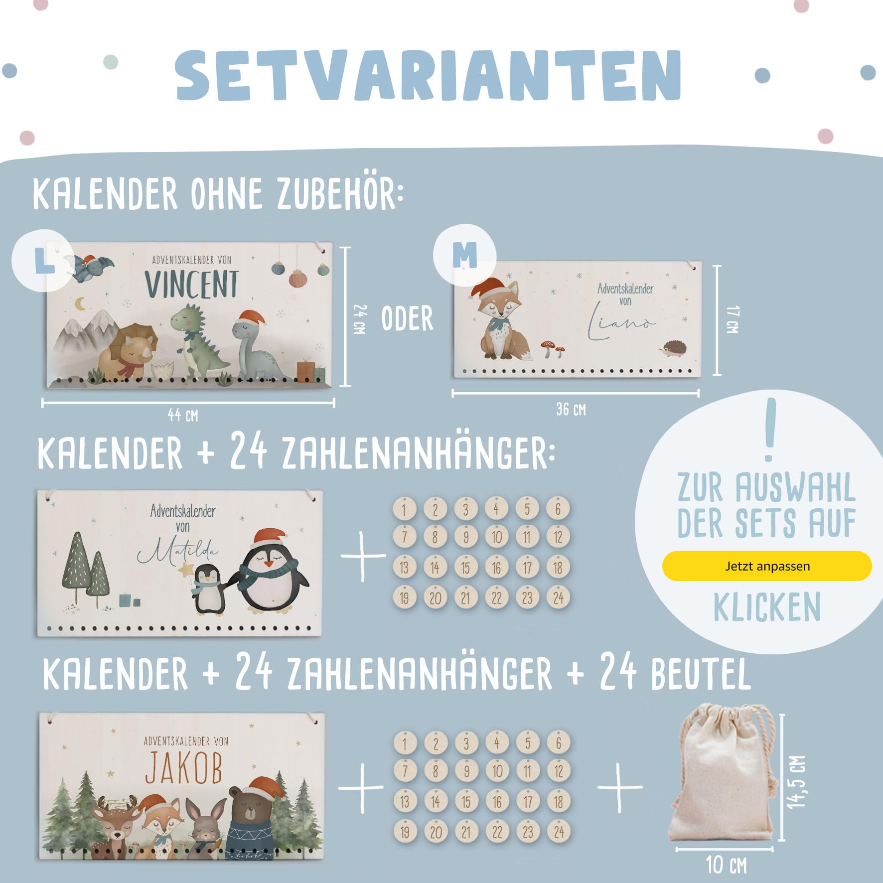 Adventskalender Personalisiert für Kinder | Advent Kalender zum befüllen aus Holz | Wandmontage Weihnachtskalender DIY mit Namen | hellomini (Dinowelt)