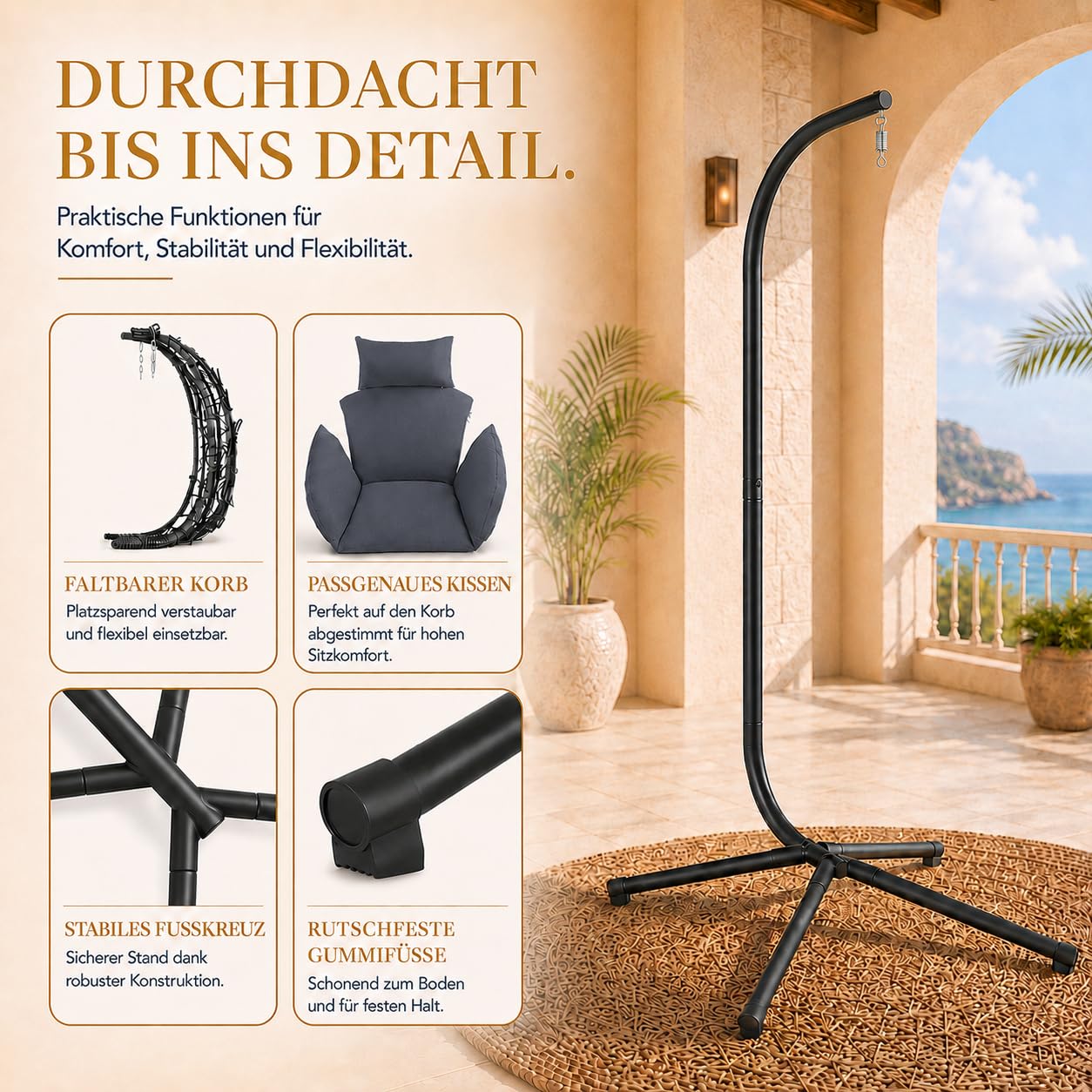 Fauteuil Suspendu avec Armature Coussins pour l'intérieur et l'extérieur - Balançoire Suspendue Rotin Base Robuste Jusqu'à 150 kg Hauteur Réglable - pour Salon, Balcon, Terrasse en Gris