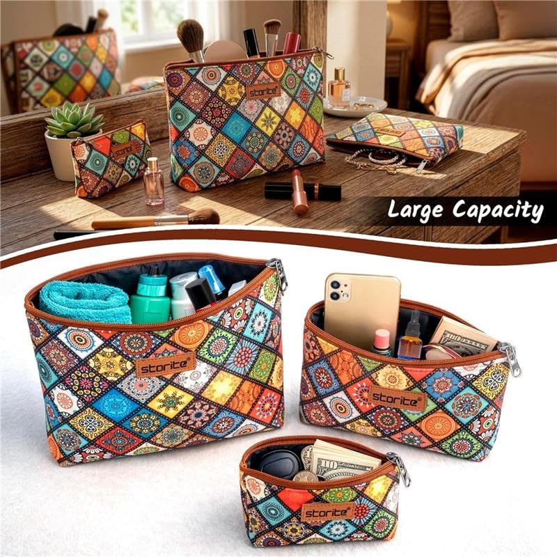 Image of Storite Set of 3 Printed Cosmetic Pouches for Women | Makeup, Toiletry & Travel Organizer Bags | Multicolor Zip Pouches