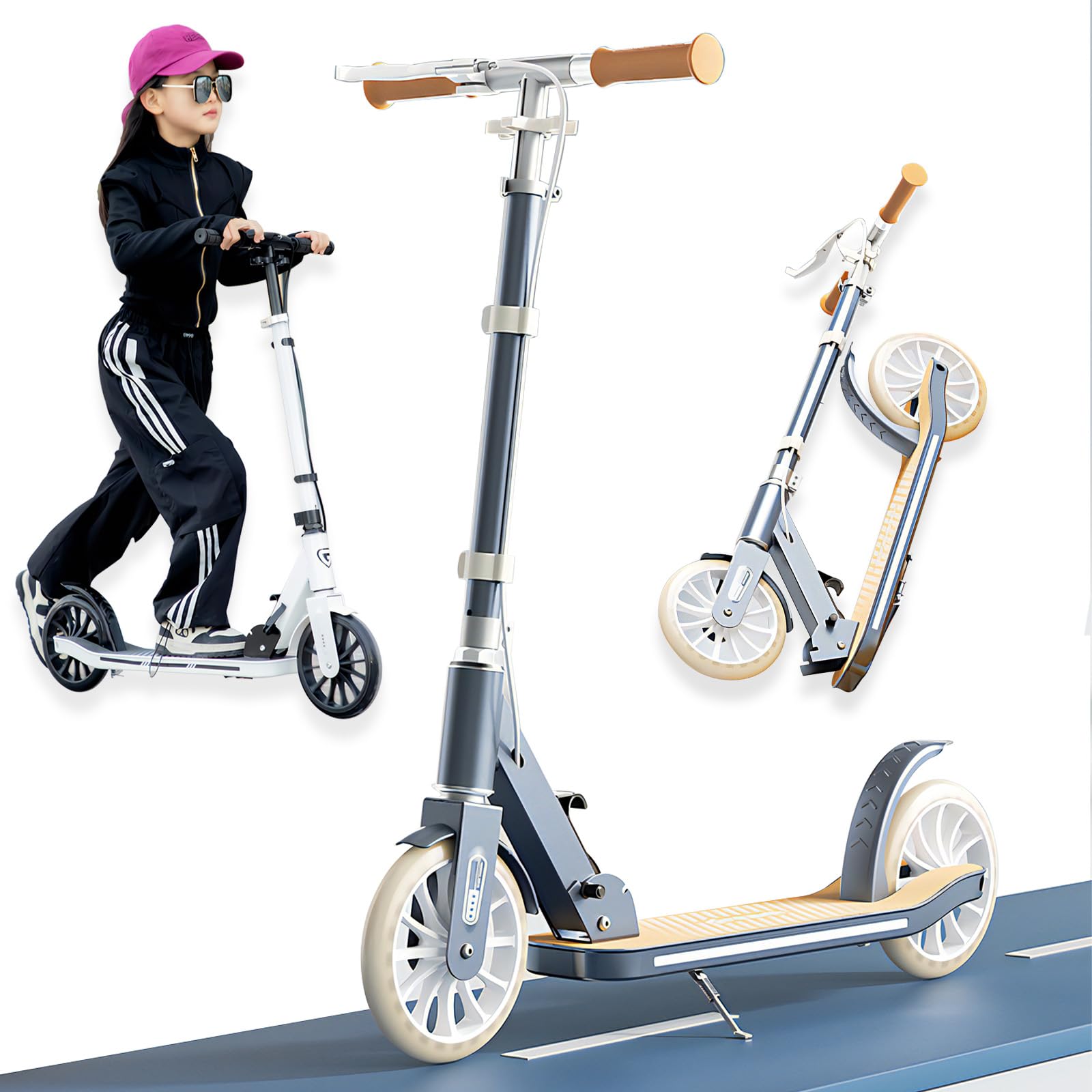 CUIOT Kick Scooter for Kid, Teens & Adults for 300 lbs Capacity, Lightweight, Foldable - 8IN Big Wheels Scooter,Commuter Adult Scooters with Hand