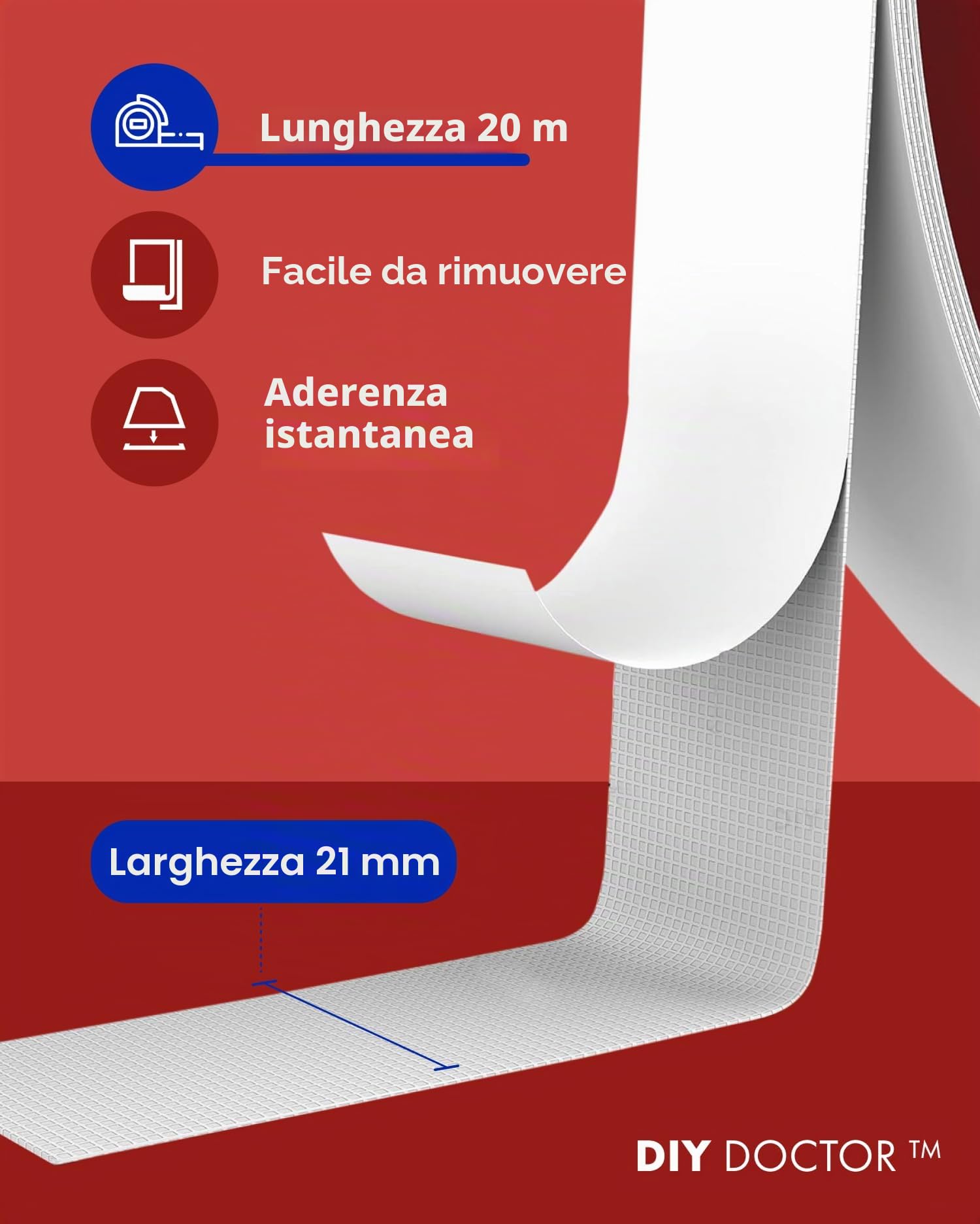 DIY Doctor Nastro Biadesivo 21mm x 20m – Extra Forte e Resistente per Casa e Uso Professionale