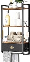 JZM 3-Tier Wall Mounted Bathroom Towel Rack Shelf with Leather Drawer, Double Towel Bars & Hooks - Industrial Rustic Over Toilet Organizer